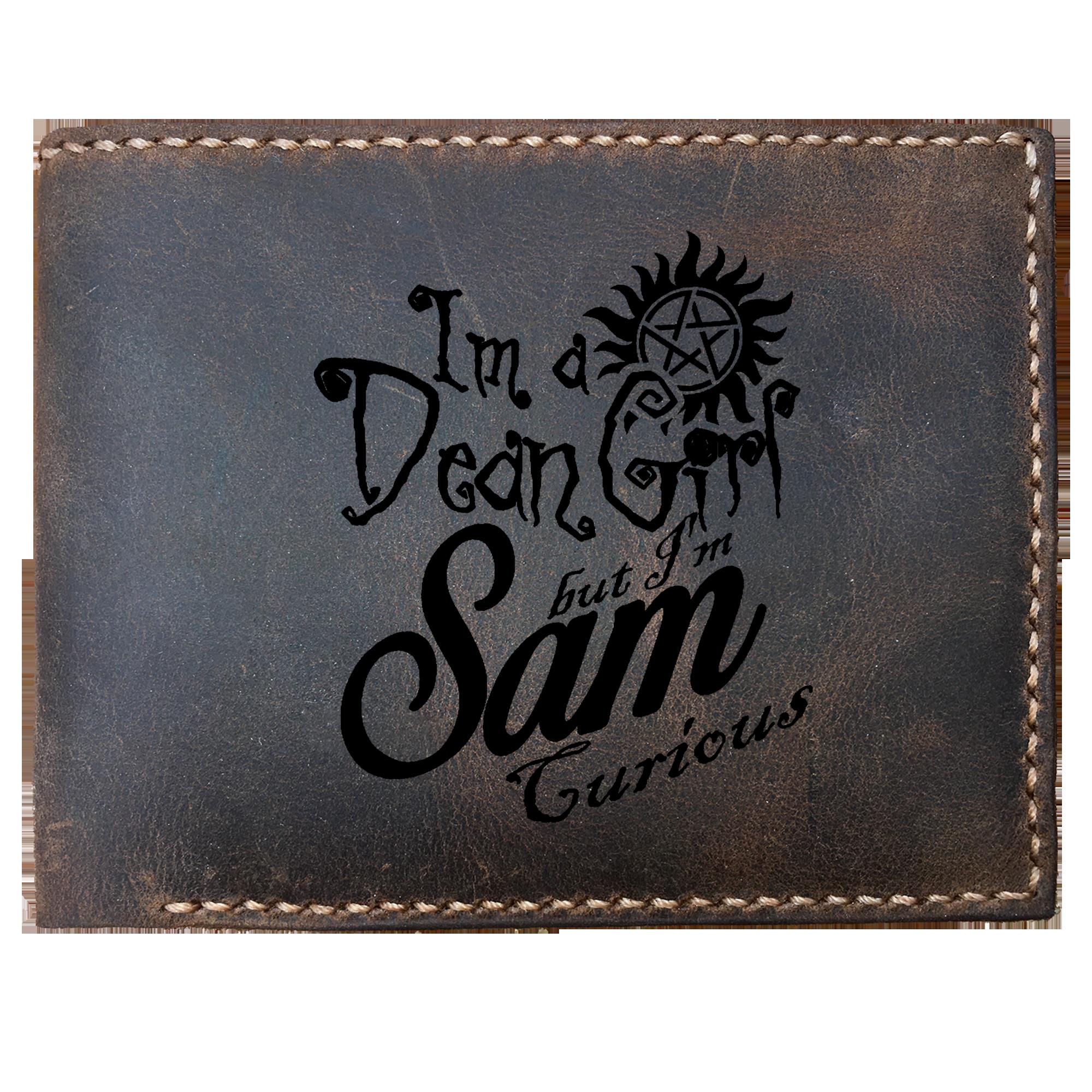 Skitongifts Funny Custom Laser Engraved Bifold Leather Wallet For Men, Im A Dean Girl But Im Sam Curious
