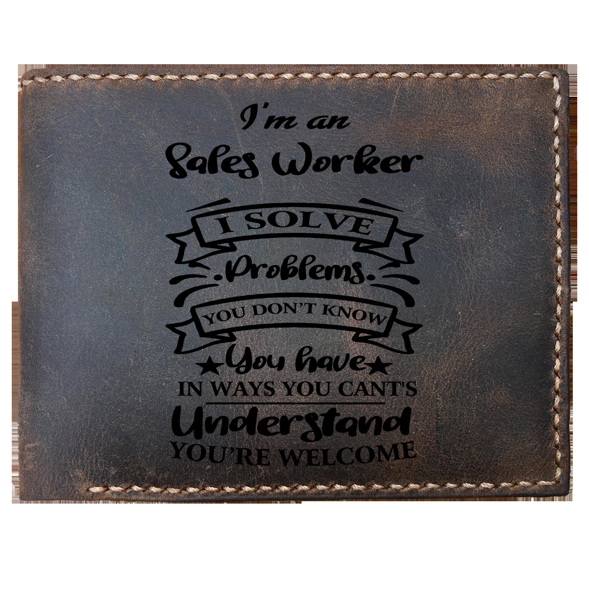 Skitongifts Funny Custom Laser Engraved Bifold Leather Wallet For Men, I'm an Sales Worker Solve Problems, Father's Day Gifts