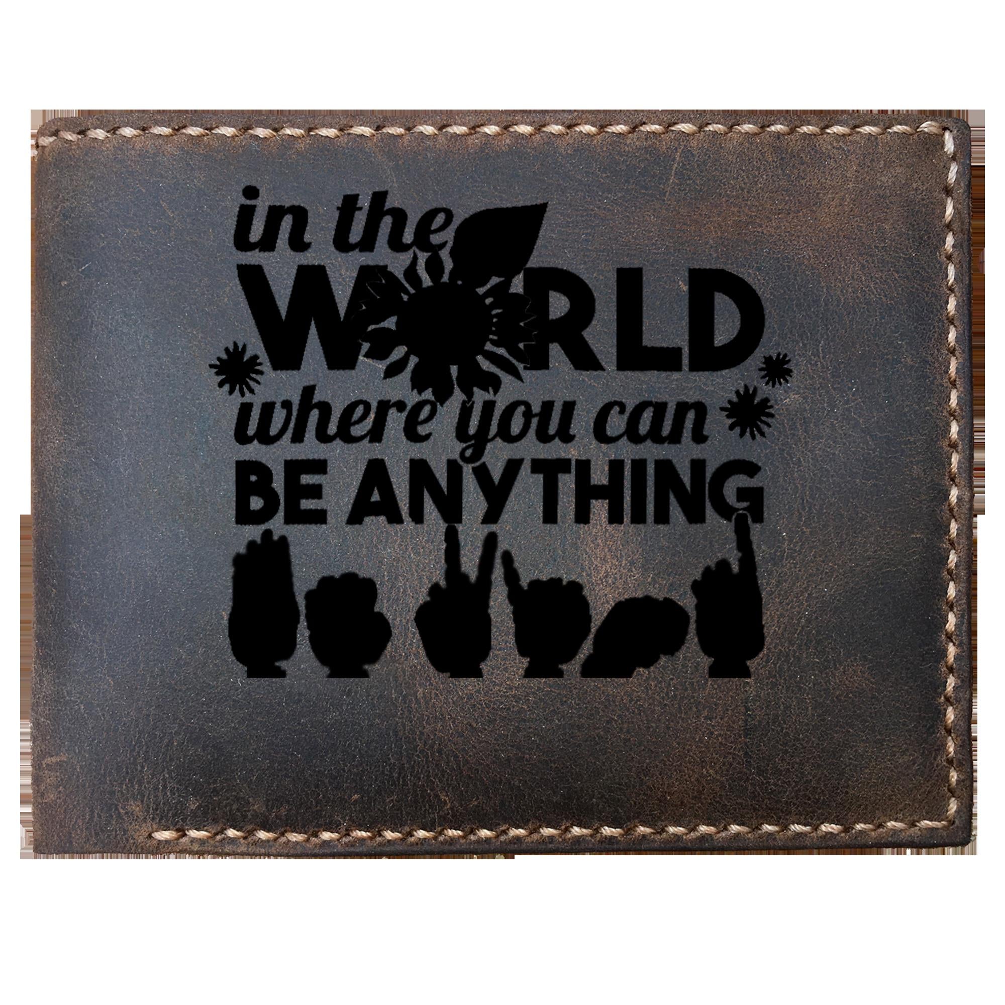 Skitongifts Funny Custom Laser Engraved Bifold Leather Wallet For Men, In The World Where You Can Be Anything Be Kind Sunflower Asl