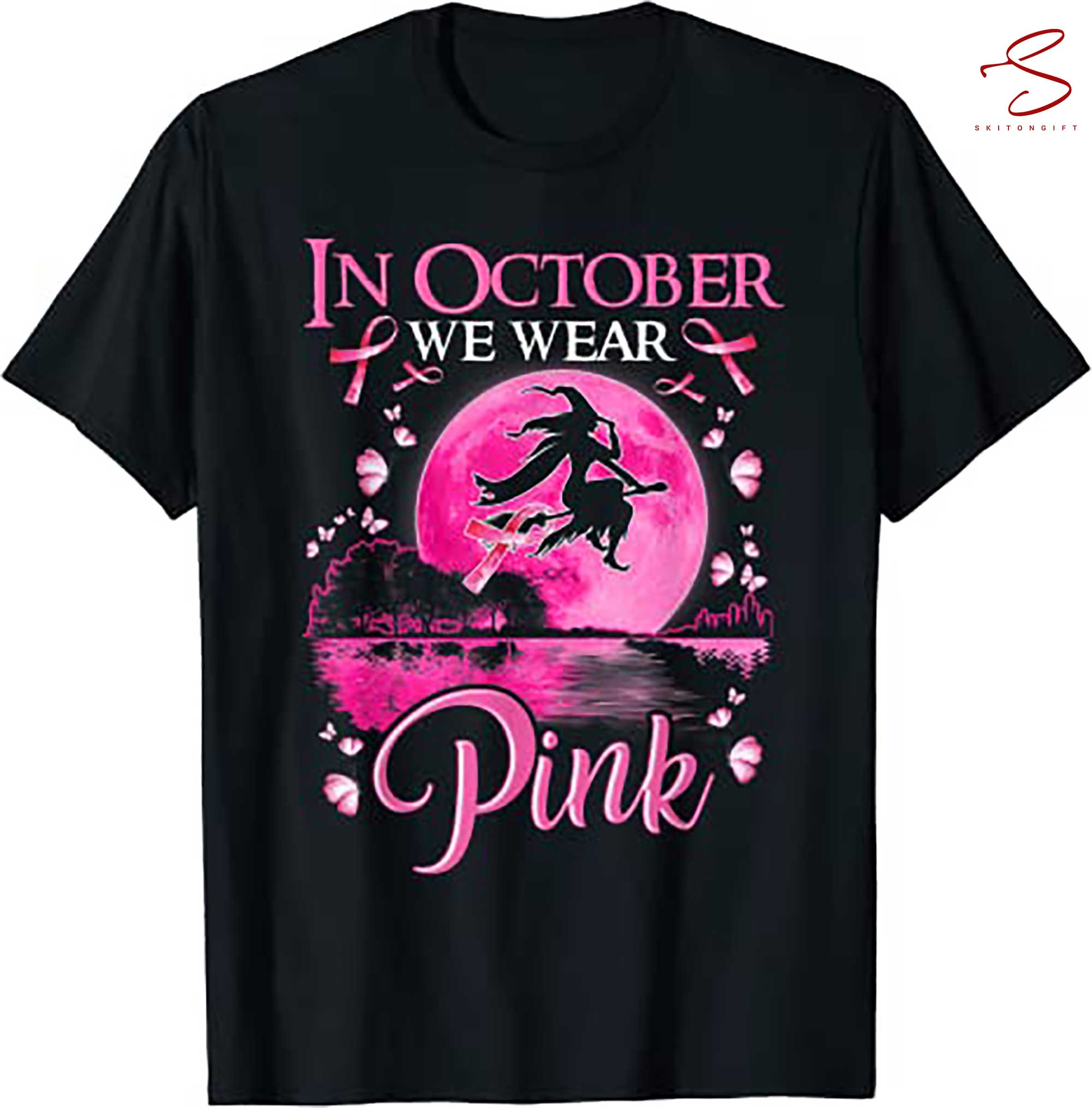 Skitongift In October We Wear Pink Ribbon Witch Halloween Breast Cancer T Shirt