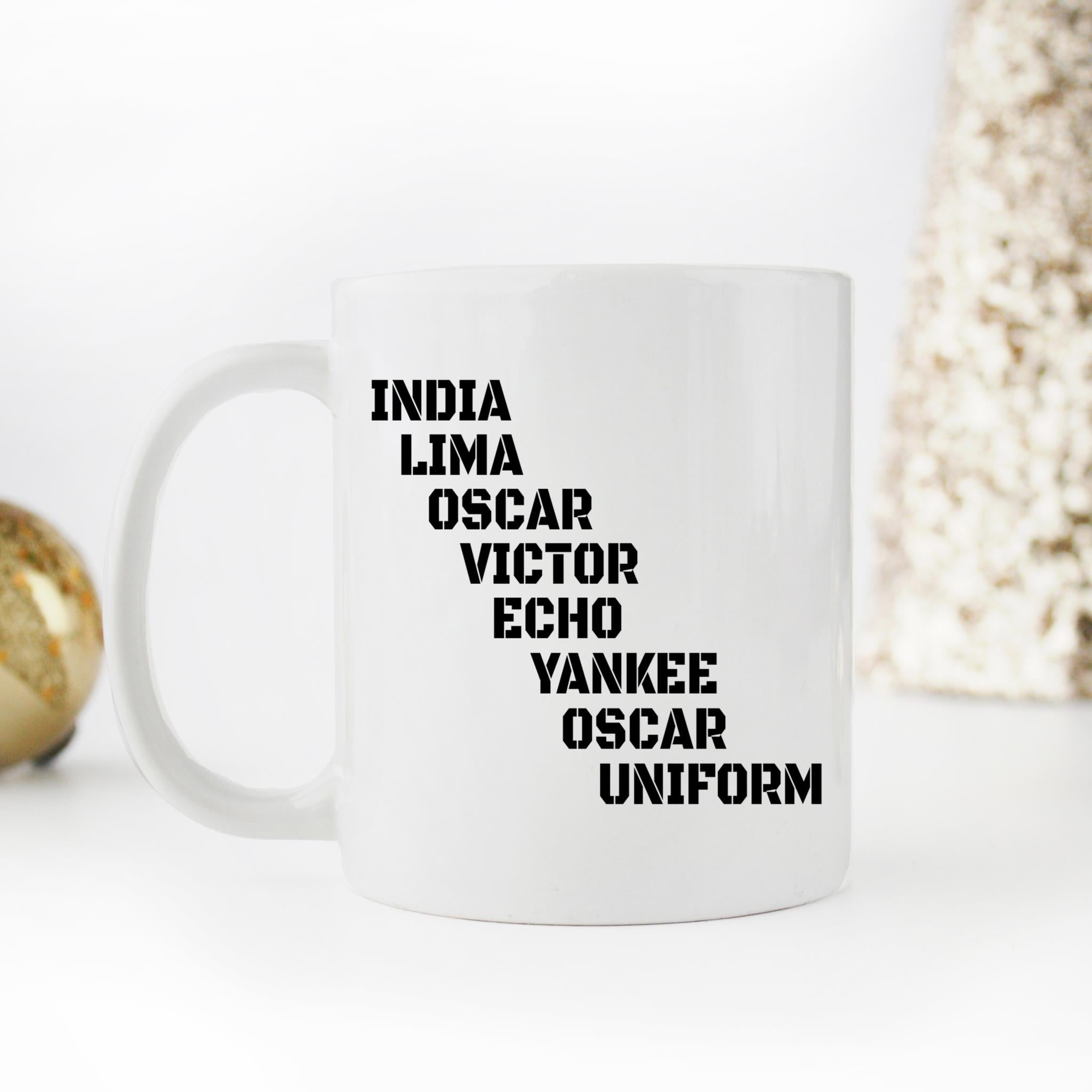 Skitongift Coffee Mug Funny Ceramic Novelty India Lima Oscar Victor Echo Yankee Oscar Uniform - I Love You Va7cRaa