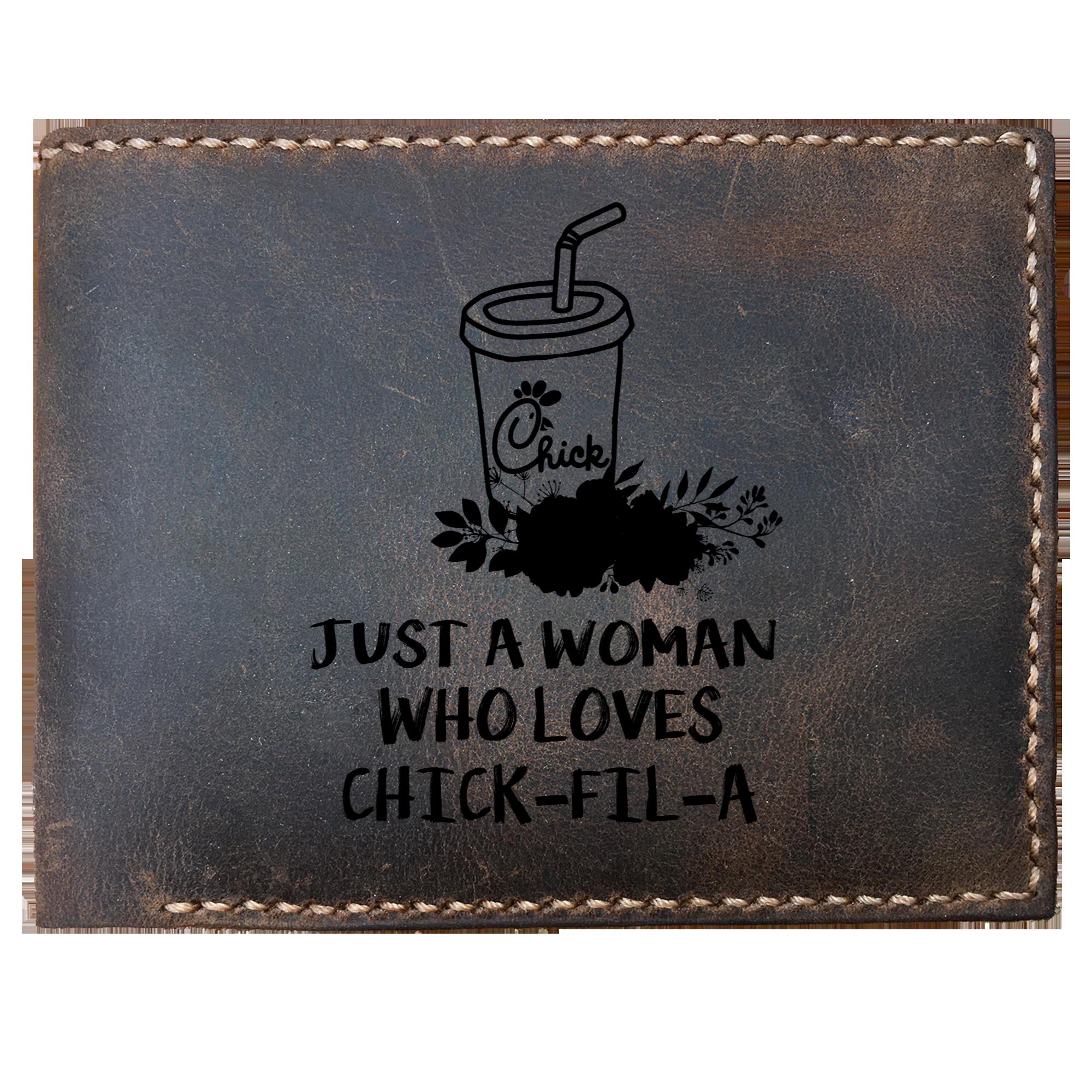 Skitongifts Funny Custom Laser Engraved Bifold Leather Wallet For Men, Just A Woman Who Loves Chickfila