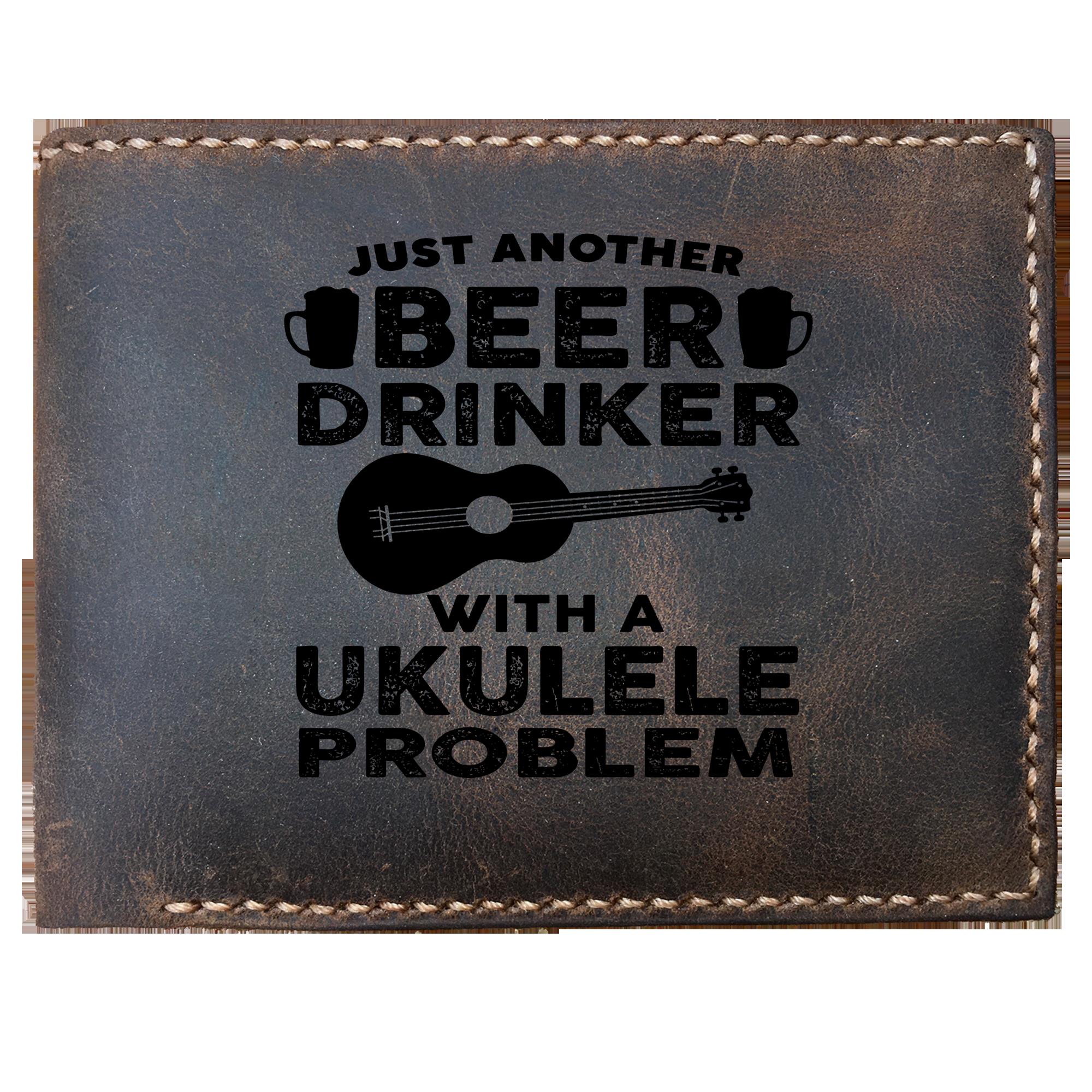 Skitongifts Funny Custom Laser Engraved Bifold Leather Wallet For Men, Just Another Beer Drinker With A Ukulele Problem