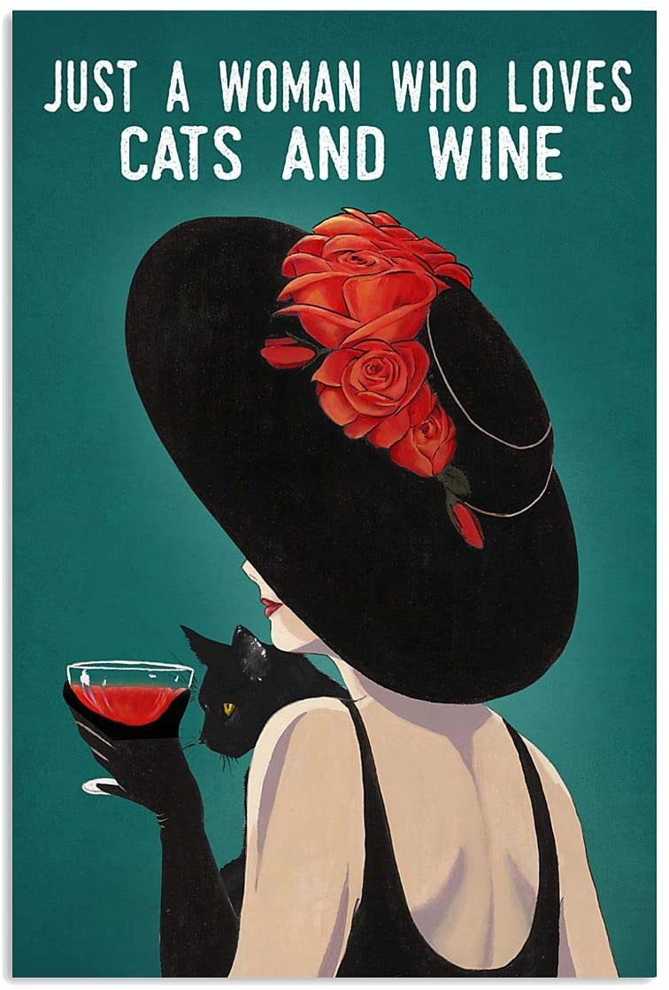 Just A Woman Love Cat And Wine Red Rose Black Hat Drink Red Wine Girl Back