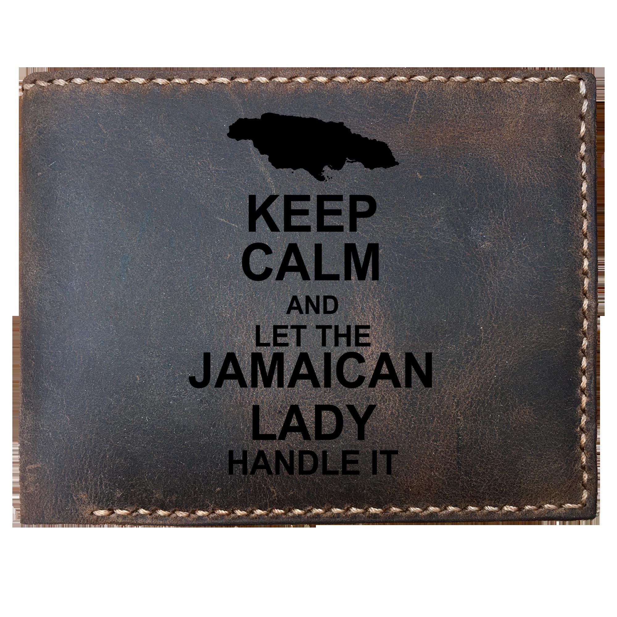 Skitongifts Funny Custom Laser Engraved Bifold Leather Wallet For Men, Keep Calm And Let The Jamaican Lady Handle It