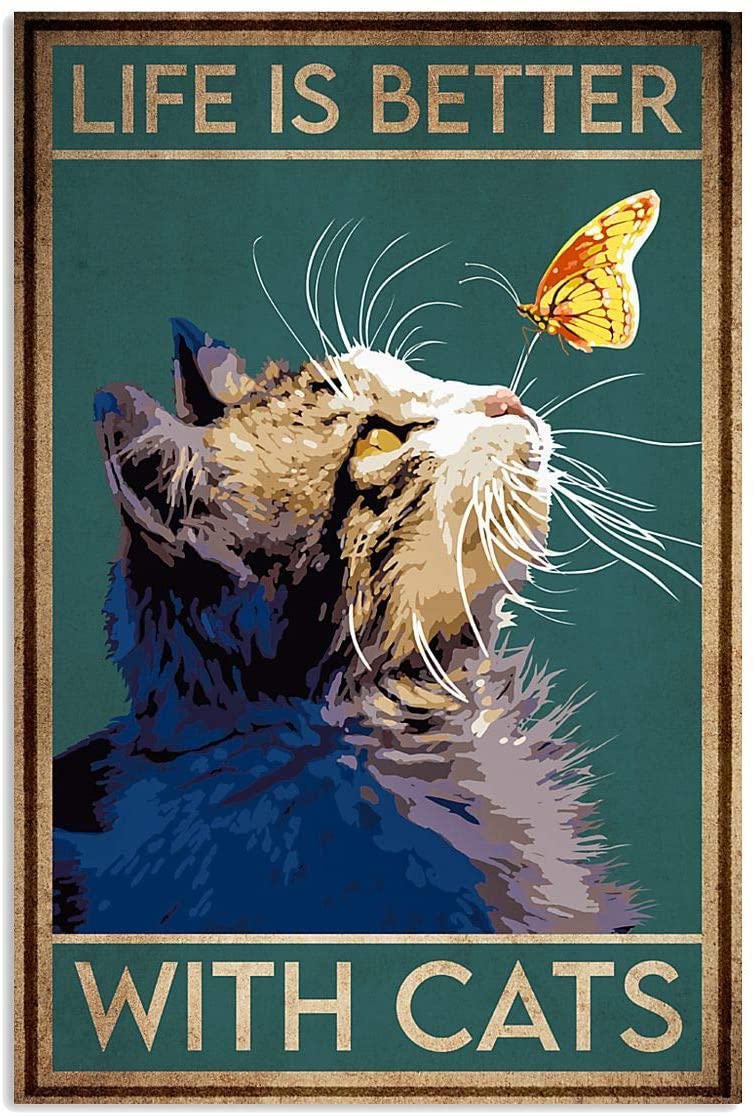 Life Is Better With Cat Pet Love Quote Yellow Butterfly Vintage
