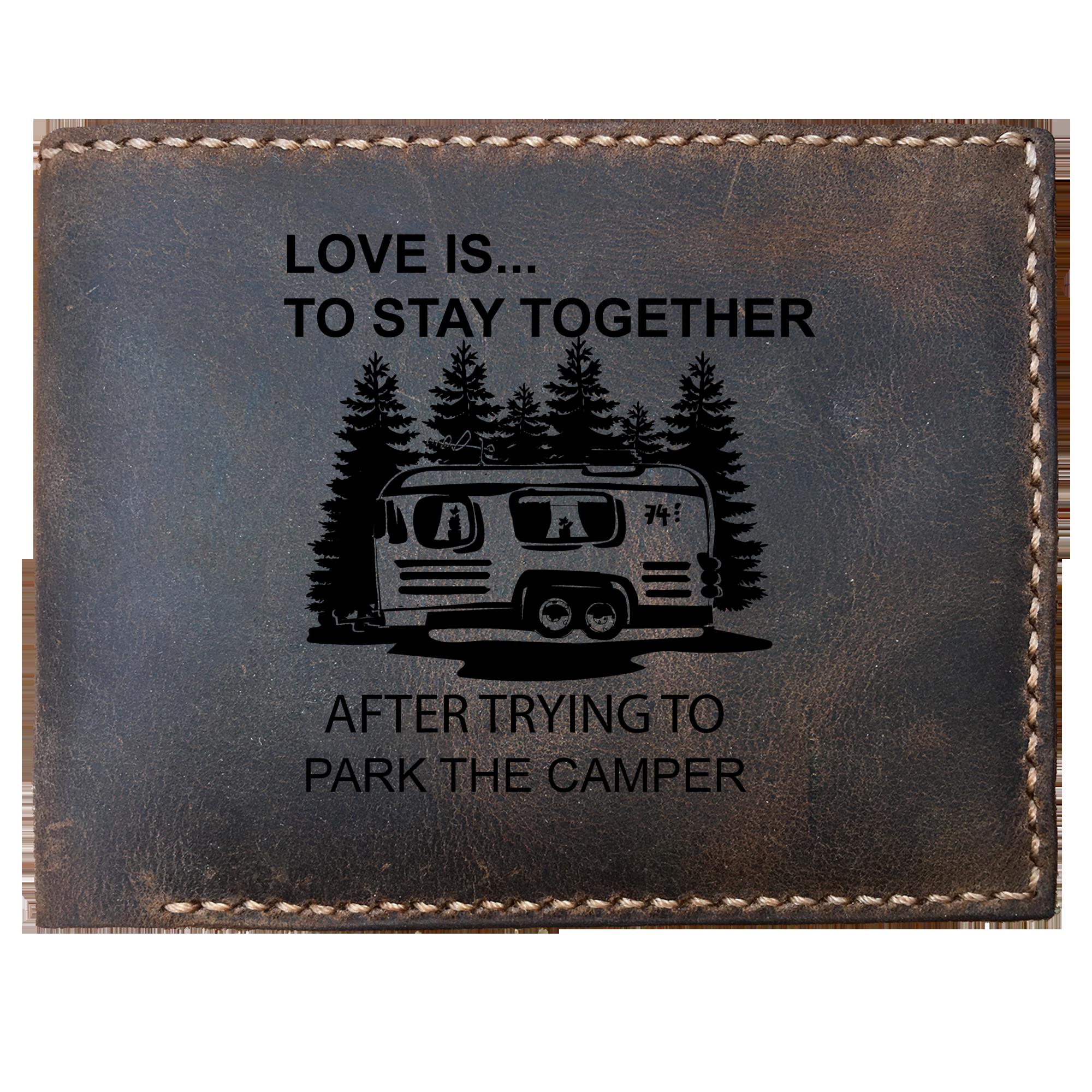 Skitongifts Funny Custom Laser Engraved Bifold Leather Wallet For Men, Love Is To Stay Together After Trying To Park The Camper