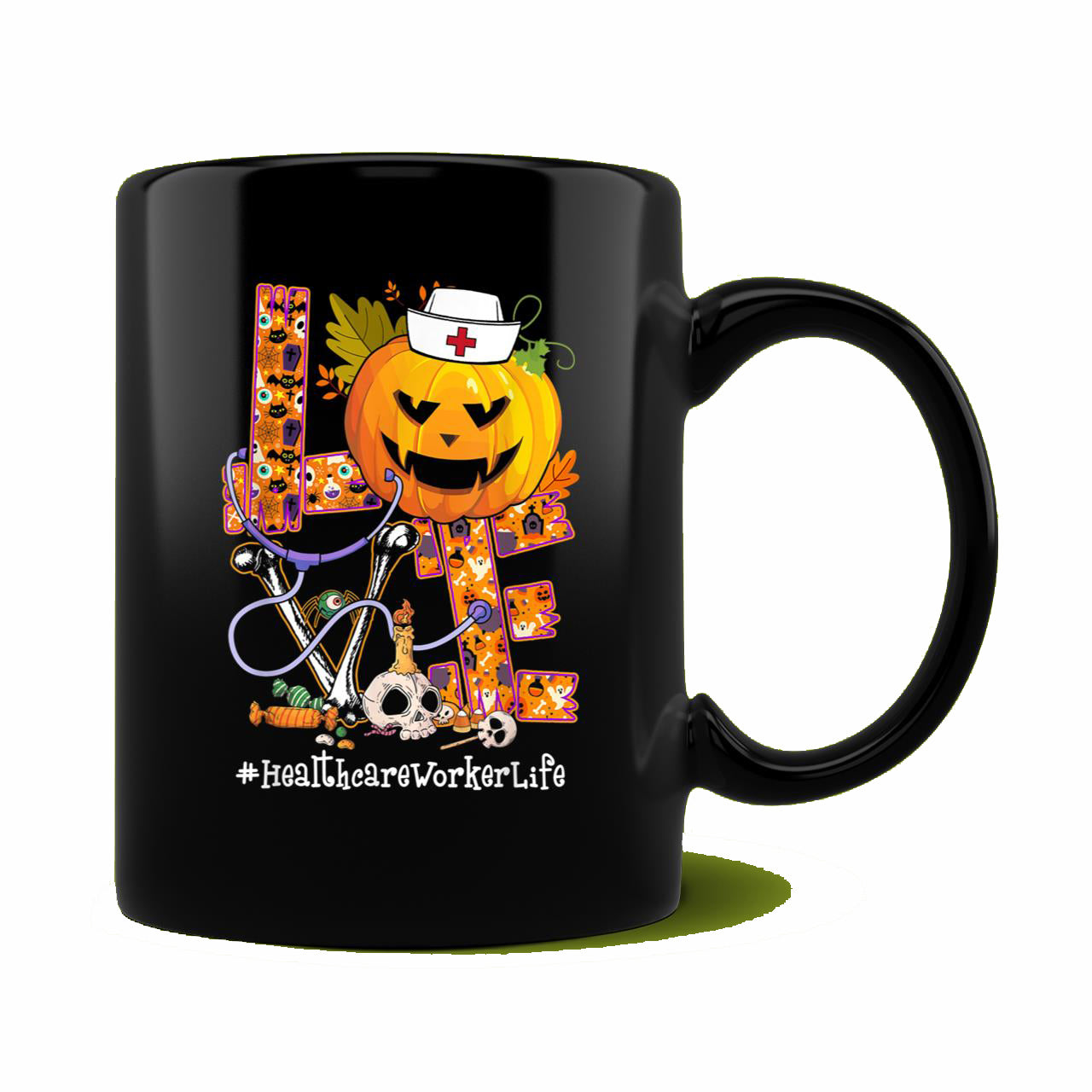 Skitongift Ceramic Novelty Coffee Mug Love Healthcare Worker Life Pumpkin Stethoscope Spooky Halloween Mug