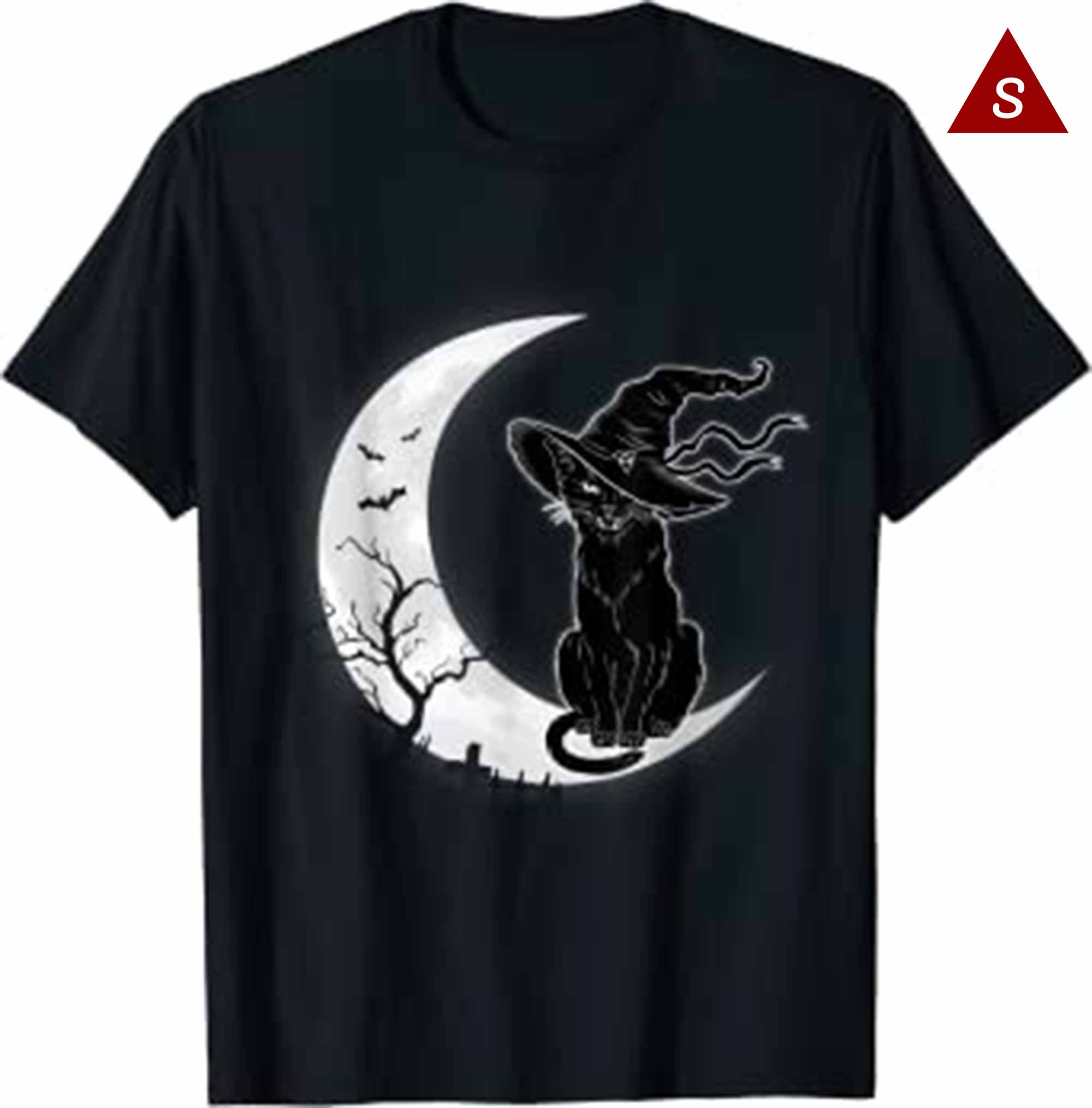 Moon Halloween Scary Cat Costume Witch Hat Womens T Shirt