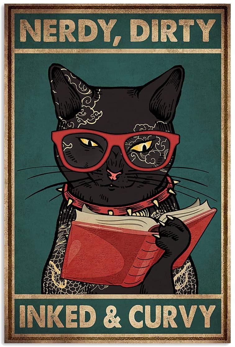 Nerdy Dirty Inked And Curvy Black Cat Read Red Cover Book Tattoo Red Glasses
