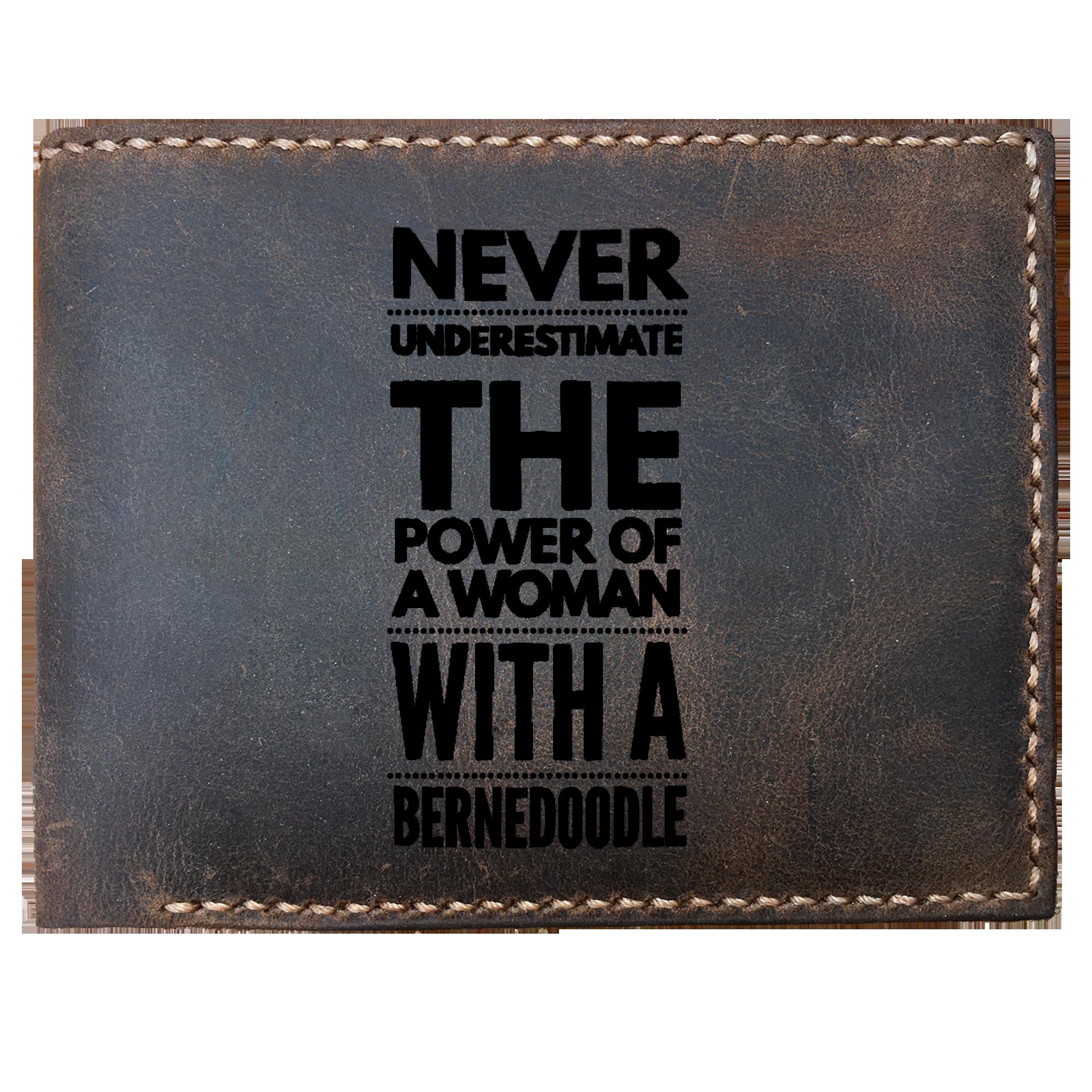 Skitongifts Funny Custom Laser Engraved Bifold Leather Wallet For Men, Never Underestimate The Power Of A Woman With A Bernedoodle Dog Lover