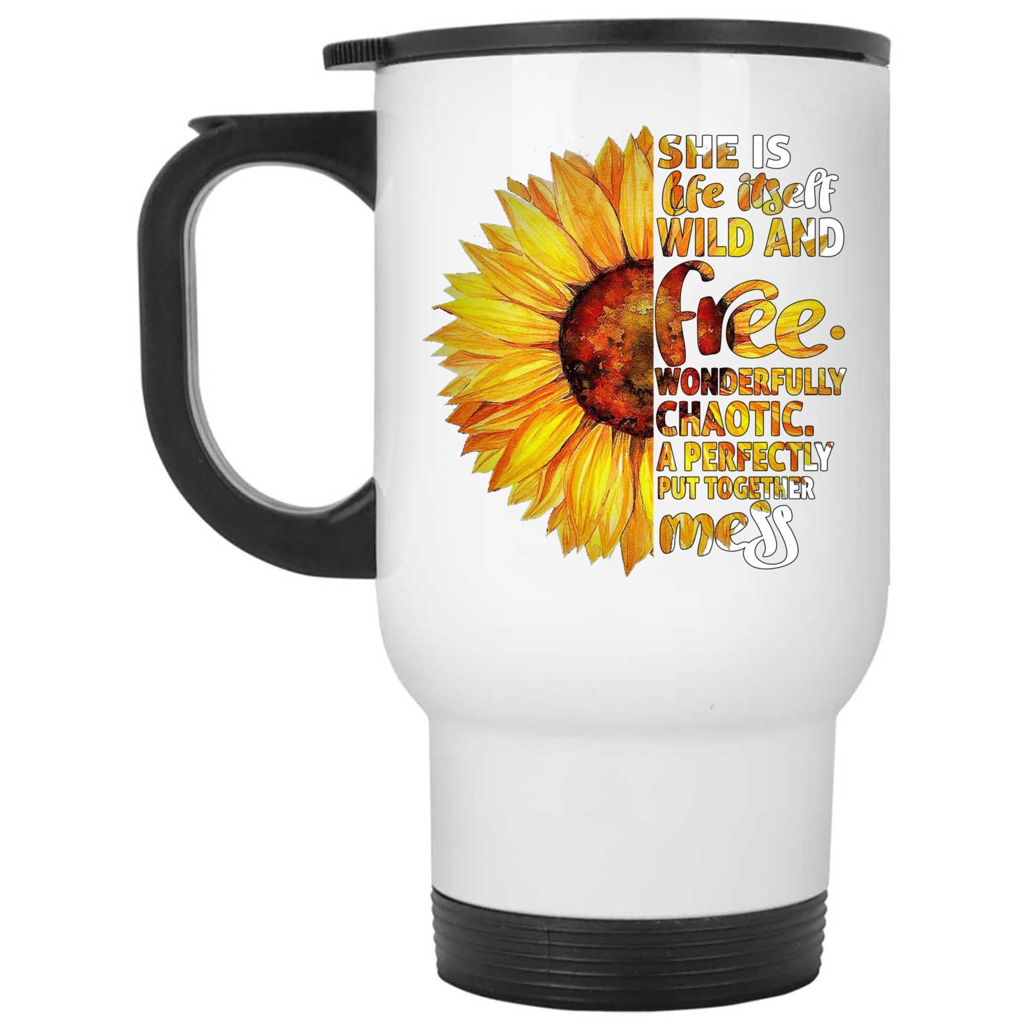 Skitongifts Coffee Mug Funny Ceramic Novelty She Is Life Itself Wild And Free Wonderfully Chaotic Inspirational Quote Sunflower 10XuI19