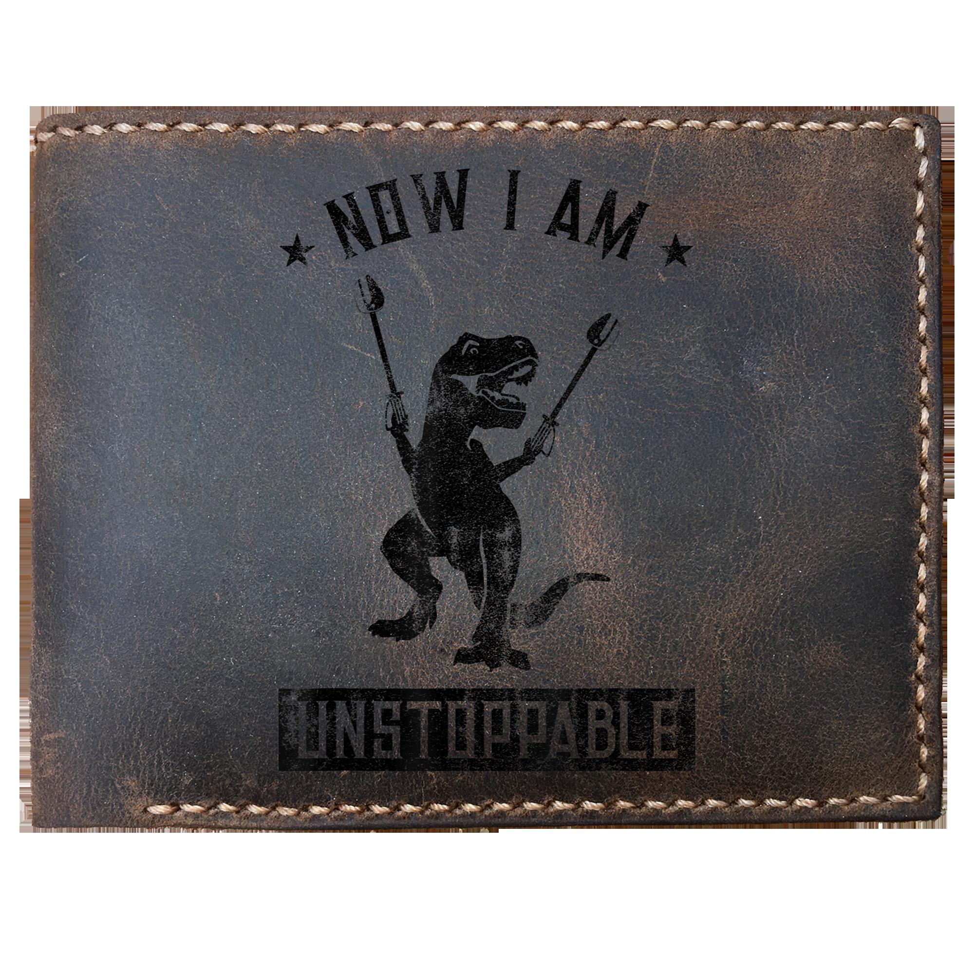 Skitongifts Funny Custom Laser Engraved Bifold Leather Wallet For Men, Now I Am Unstoppable Black Trex