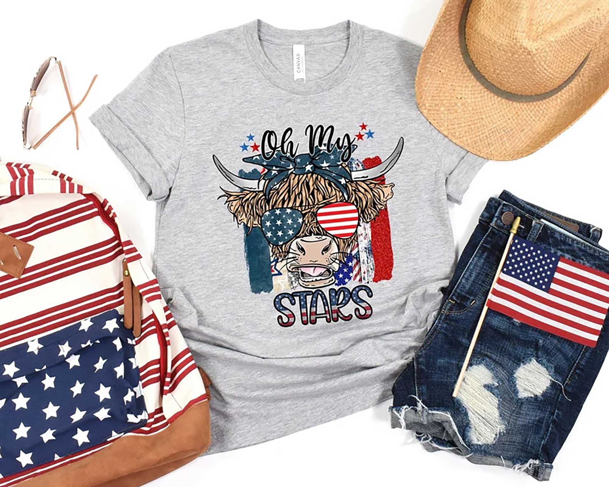 Oh My Stars Cow Shirt, Highland Cow shirt, Highland Cow With American Flag Shirt