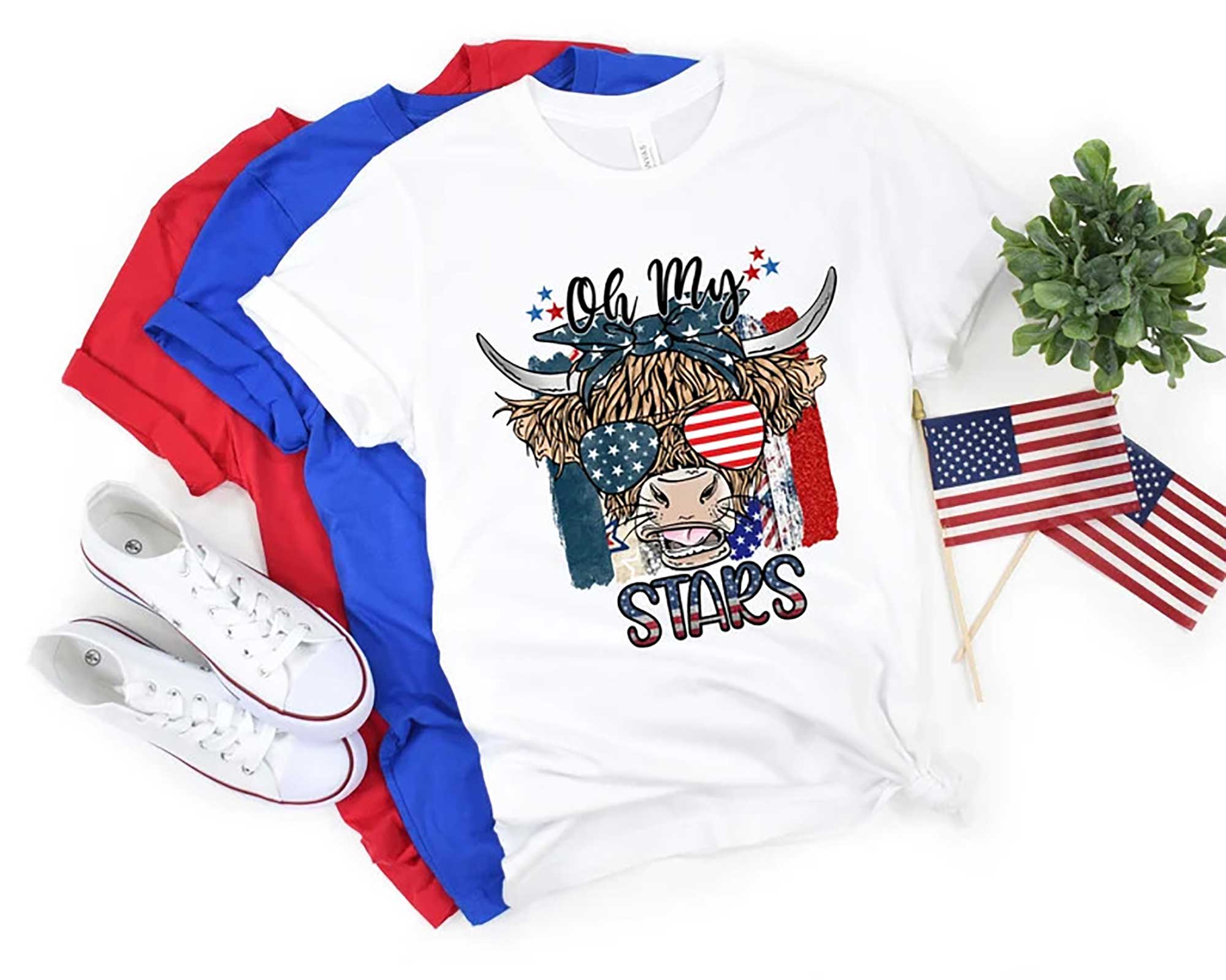 Skitongift Oh My Stars Cow Shirt, Highland Cow shirt, Highland Cow With American Flag Shirt
