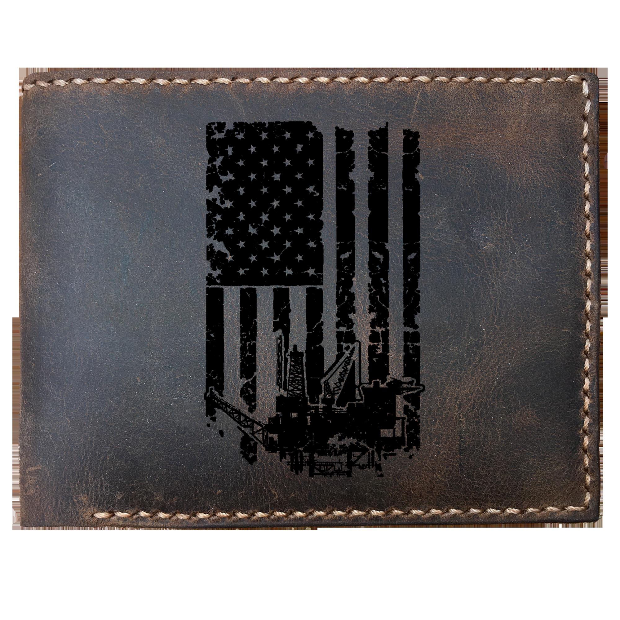 Skitongifts Funny Custom Laser Engraved Bifold Leather Wallet For Men, Oil Flag Oil Field Drilling Rig Us Super Cool For The Oil Rigger