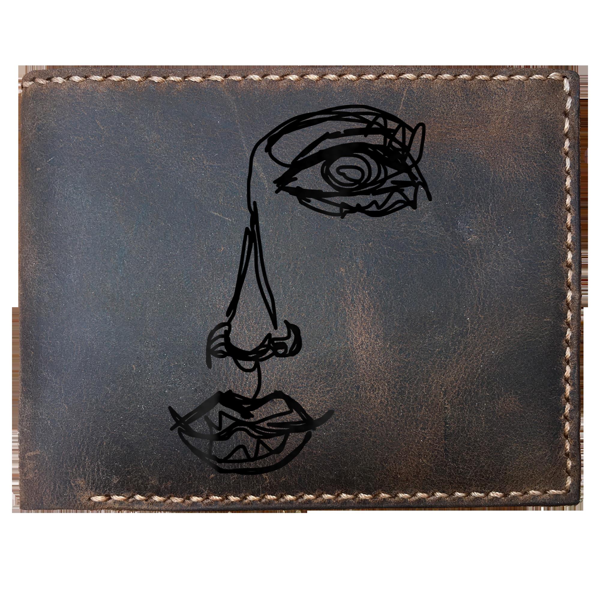 Skitongifts Funny Custom Laser Engraved Bifold Leather Wallet For Men, One Line Drawing Face