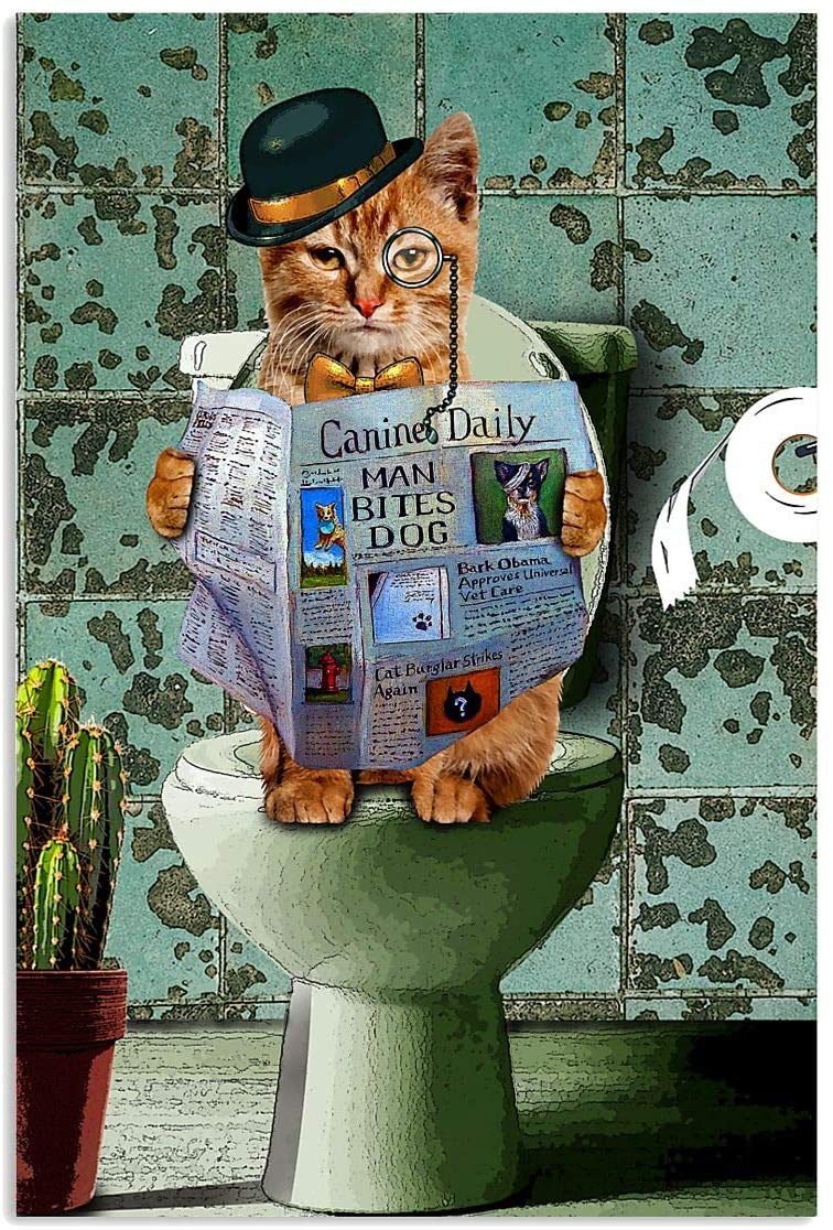 Orange Tabby Cat Read Newspaper Toilet Bathroom Funny 1