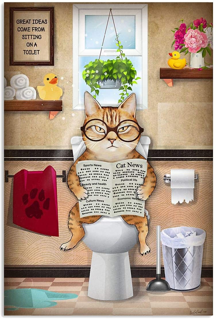 Orange Tabby Cat Read Newspaper Toilet Bathroom Funny