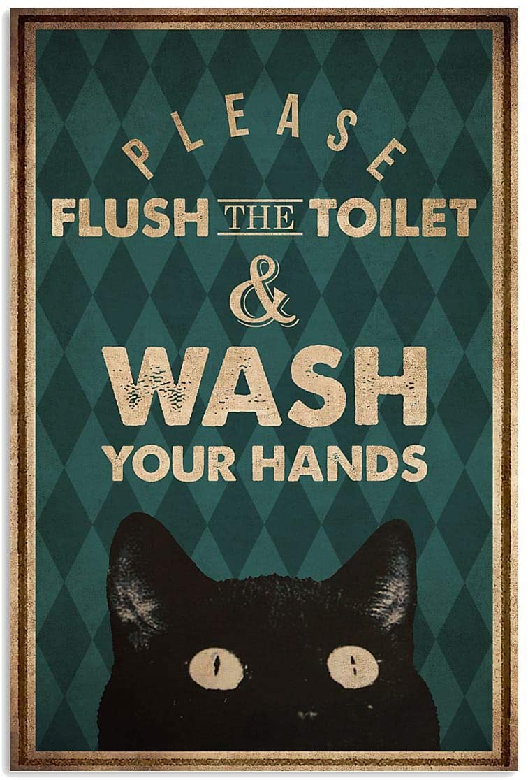 Please Flush Toilet Wash Your Hands Black Cat Funny Bathroom Toilet Quote