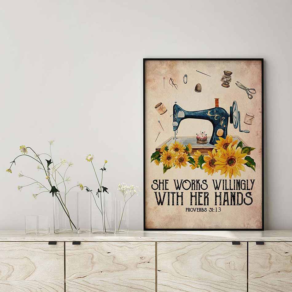 Proverbs 31 Sewing She Works Willingly With Her Hands Machine Rose Flower Vintage Abstract-MH2008
