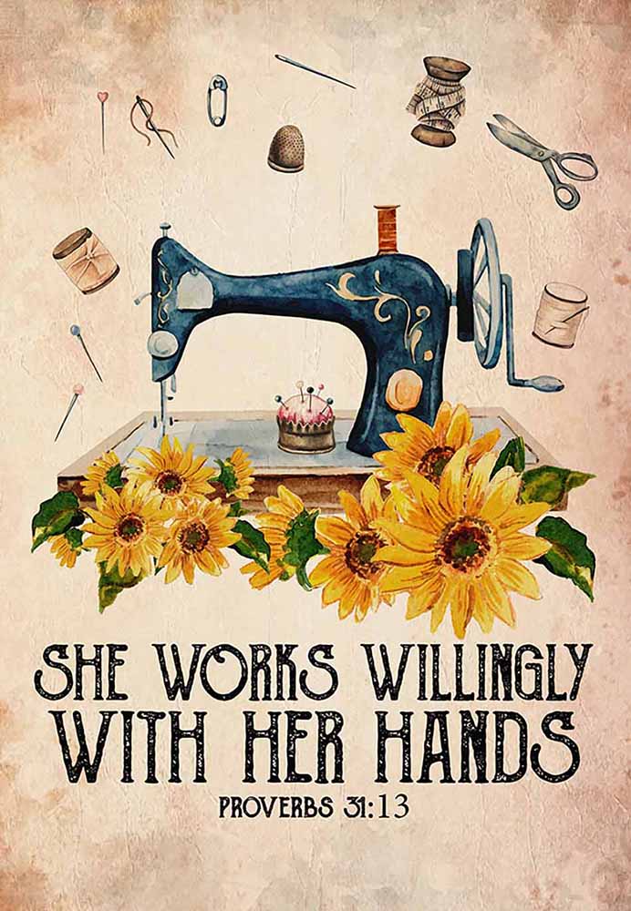 Proverbs 31 Sewing She Works Willingly With Her Hands Machine Rose Flower Vintage Abstract-MH2008