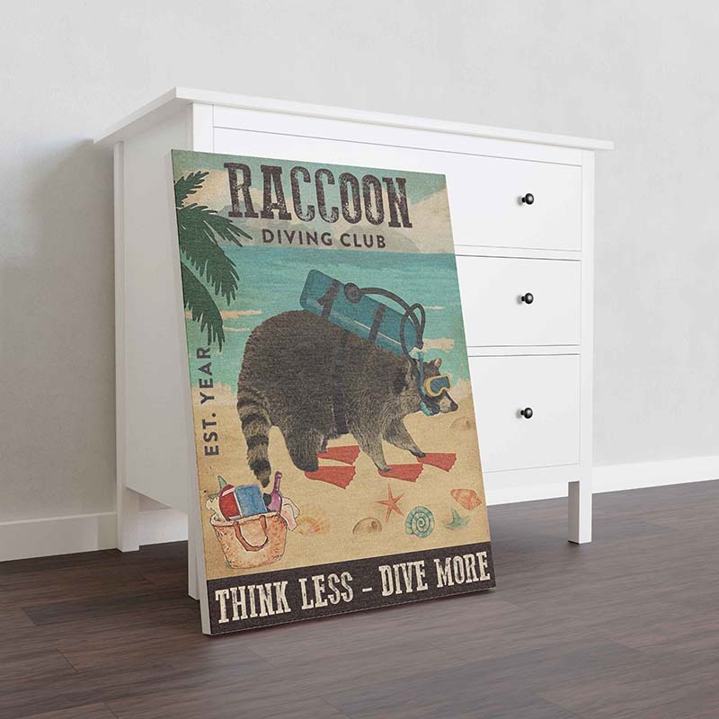 Skitongifts Wall Decoration, Home Decor, Decoration Room Raccoon Diving Club Think Less Dive More Vintage TT0210