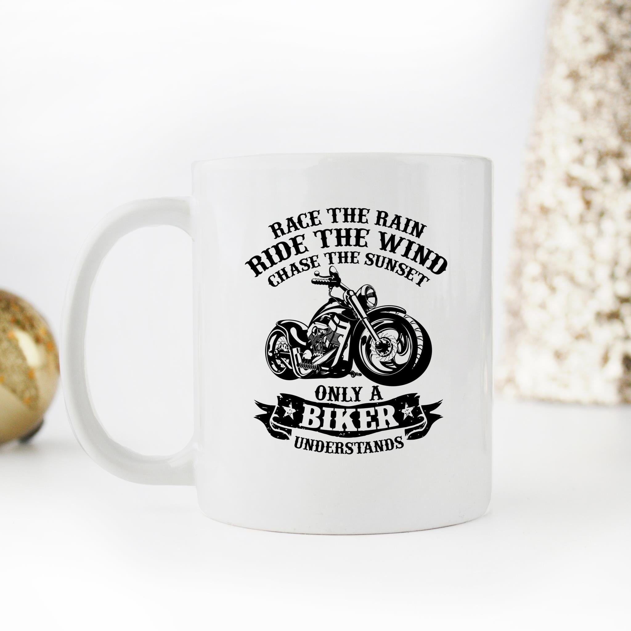 Skitongifts Funny Ceramic Novelty Coffee Mug Race Rain Ride Wind Chase Sunset Biker Motorcycle Street Extreme Sports Rack Indian Lock Seat Helmet Perf