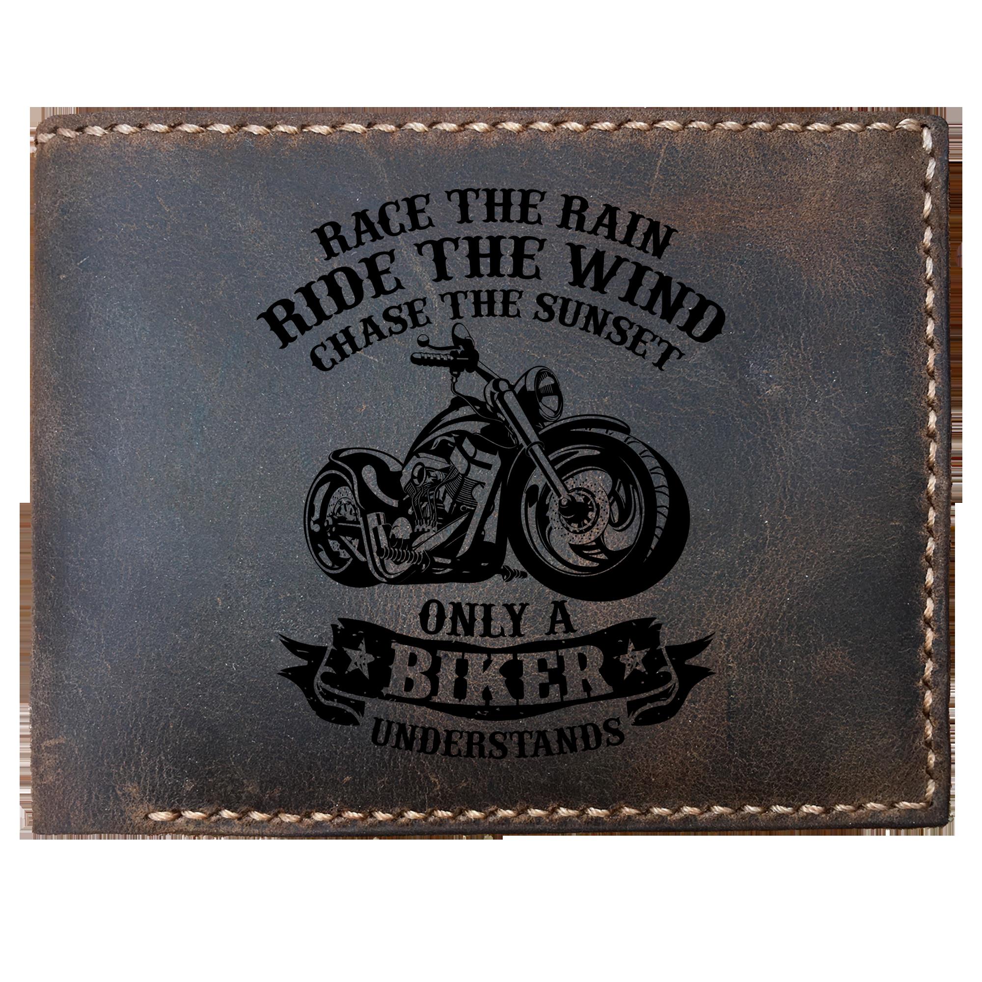 Skitongifts Funny Custom Engraved Bifold Leather Wallet, Race Rain Ride Wind Chase Sunset Biker Motorcycle Street Extreme Sports Rack Harley Davidson