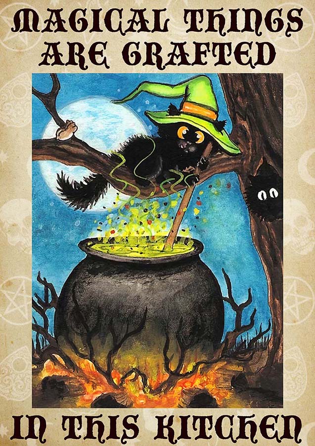 Retro Black Cat Magical Things Crafted In This Kitchen Halloween TT2309