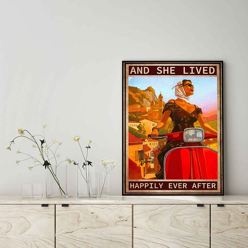 Skitongifts Wall Decoration, Home Decor, Decoration Room She Lived Happily Ever After Motorbike Vespa Ancient Bike Vintage TT1802