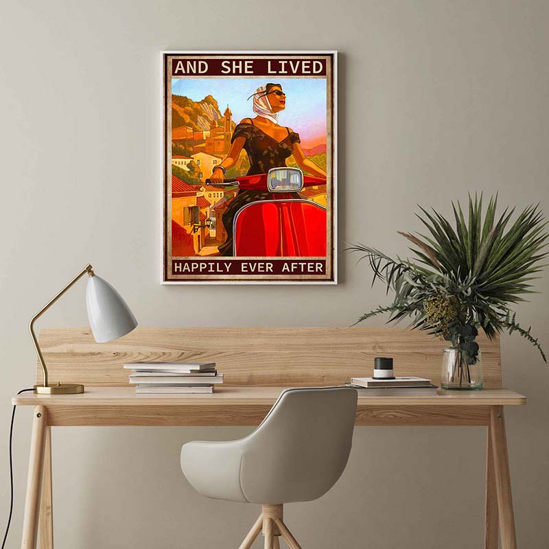 Skitongifts Wall Decoration, Home Decor, Decoration Room She Lived Happily Ever After Motorbike Vespa Ancient Bike Vintage TT1802