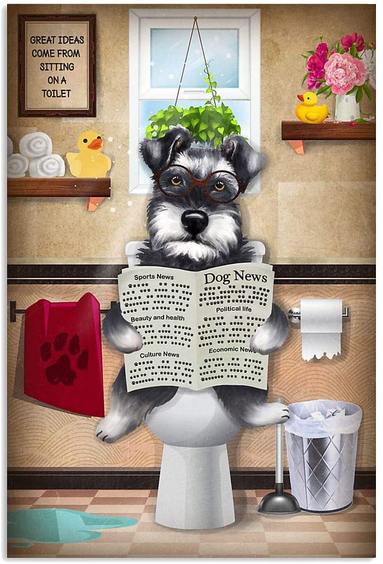 Schnauzer Dog Read Newspaper Toilet Bathroom Funny