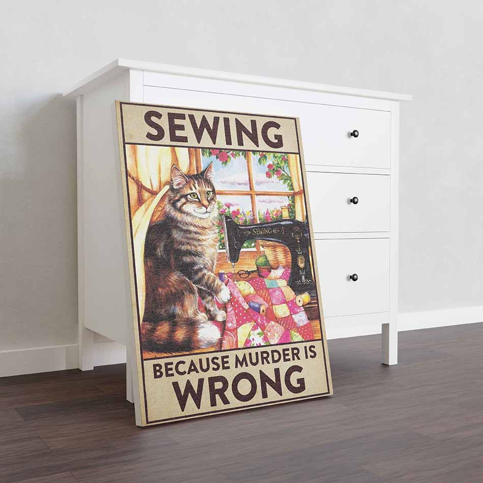 Sewing Because Murder Is Wrong Funny Cat Vintage TT0709