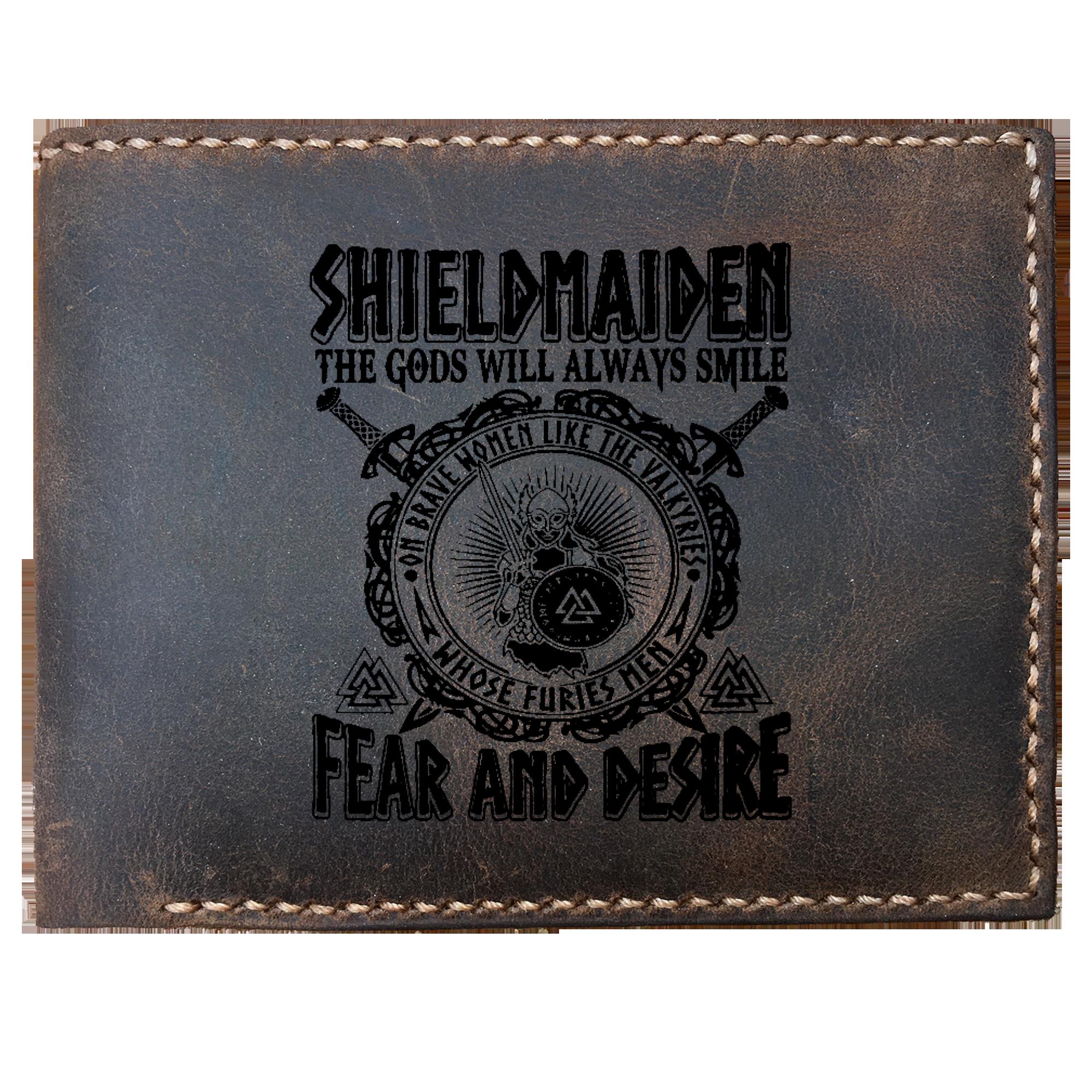 Skitongifts Funny Custom Laser Engraved Bifold Leather Wallet For Men, Shieldmaiden The Gods Will Alway Smile Warrior, Norse