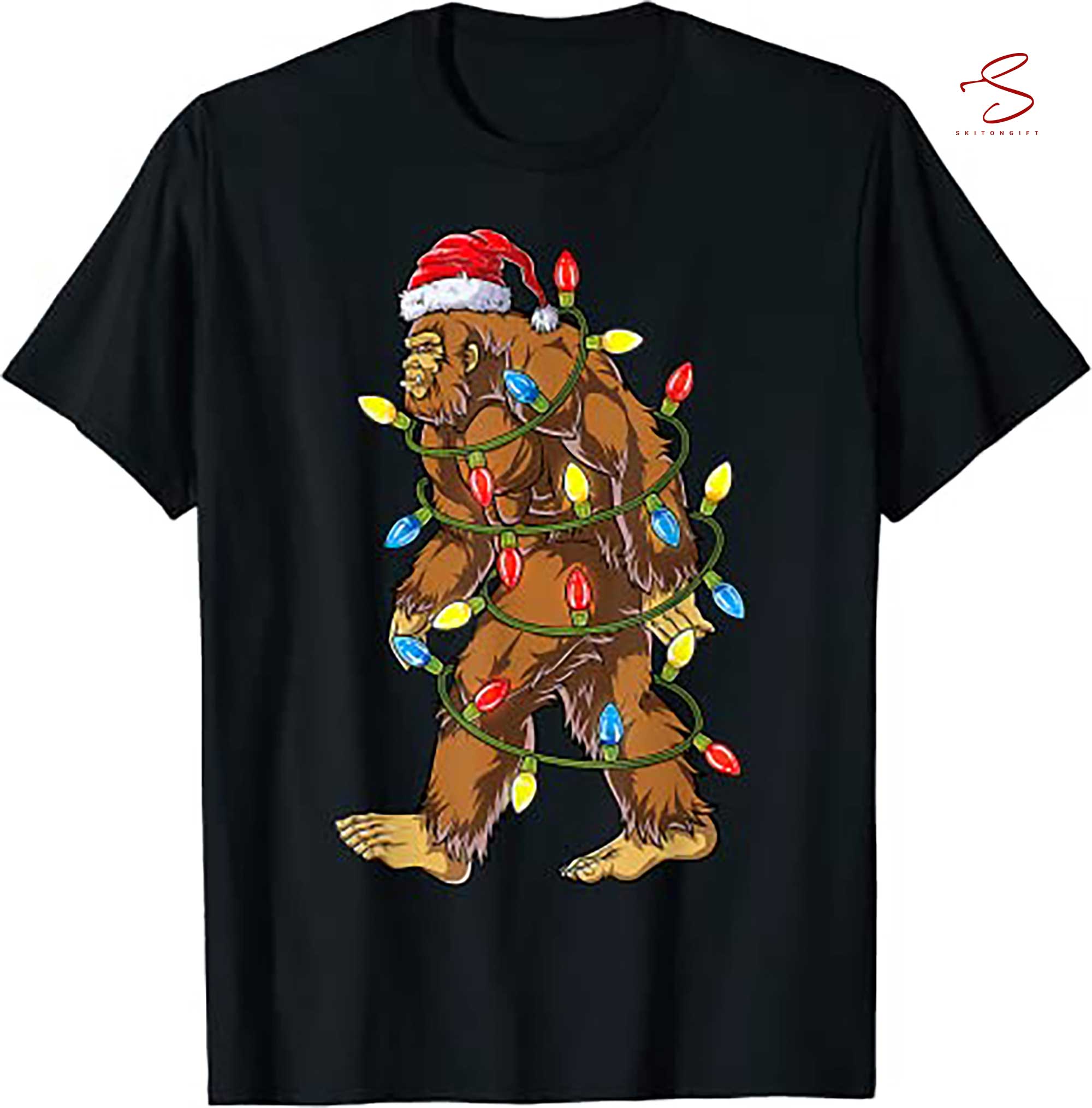 Skitongift Bigfoot Santa Christmas Tree Lights Funny Xmas T Shirt