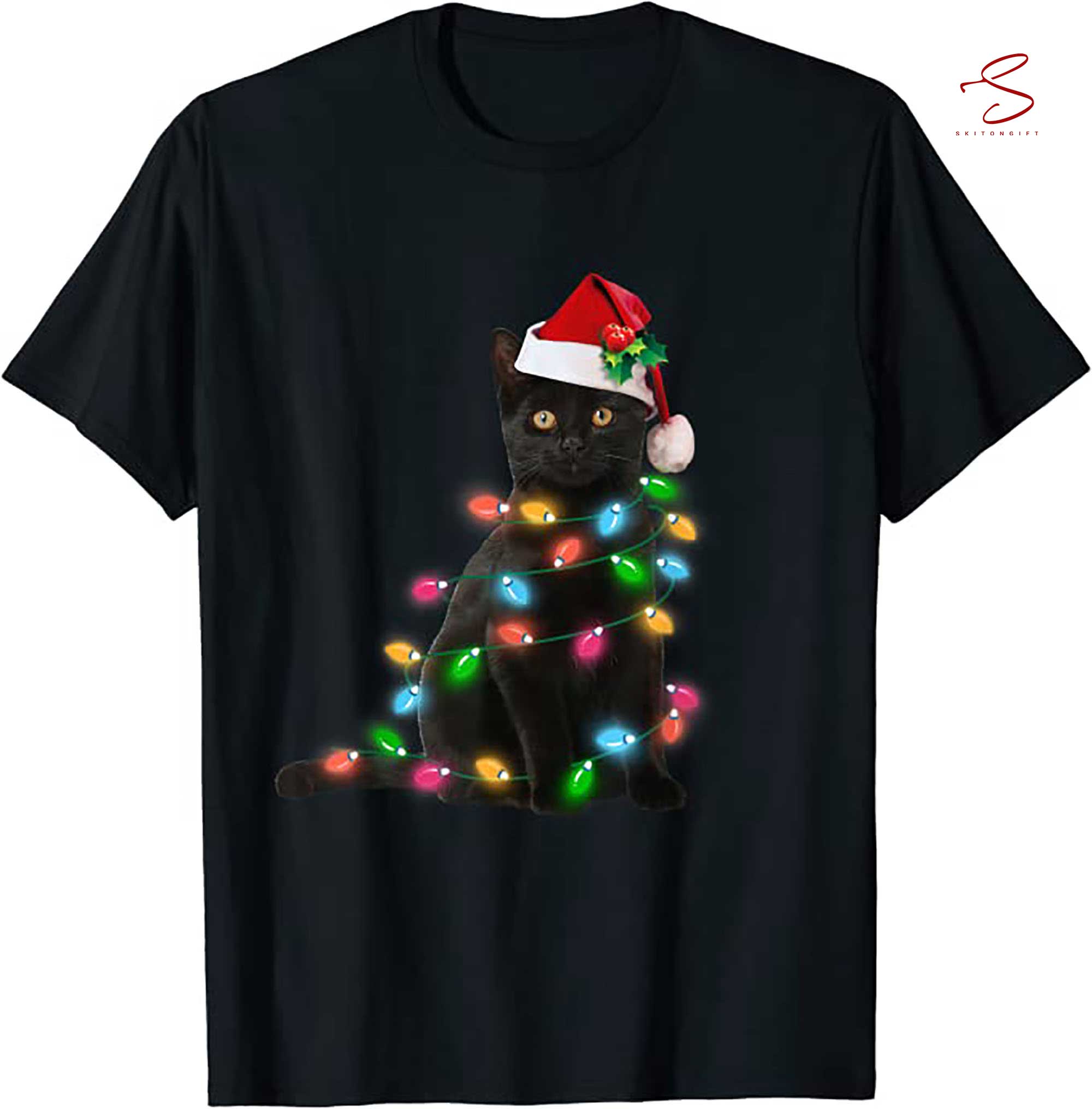 Skitongift Black Cat Christmas Light Tshirt Funny Cat Lover Christmas