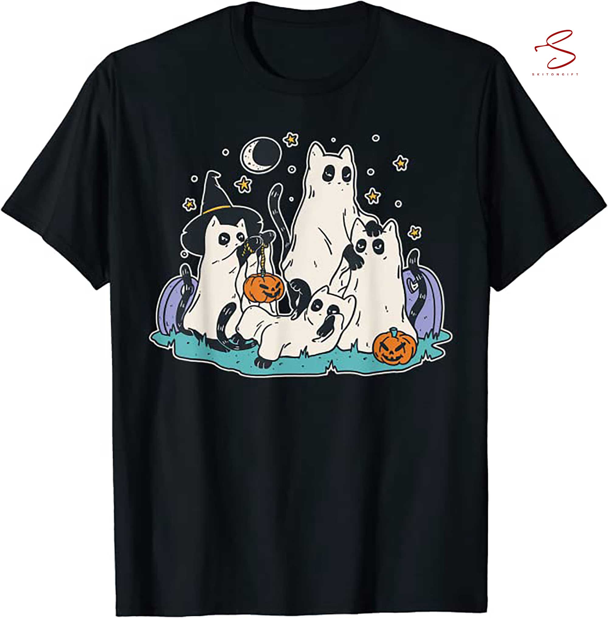 Skitongift Black Cats In Ghost Costume Cute Women And Men Halloween T Shirt