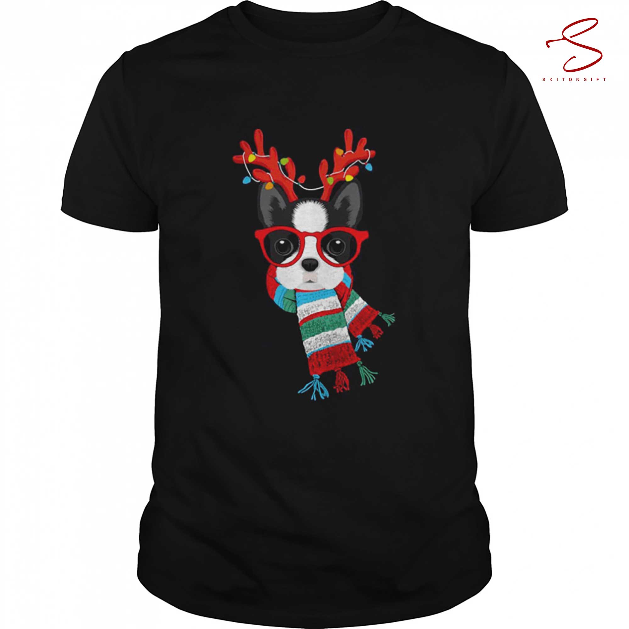 Skitongift Boston Terrier Xmas Holidays Reindeer Christmas Lights Shirt