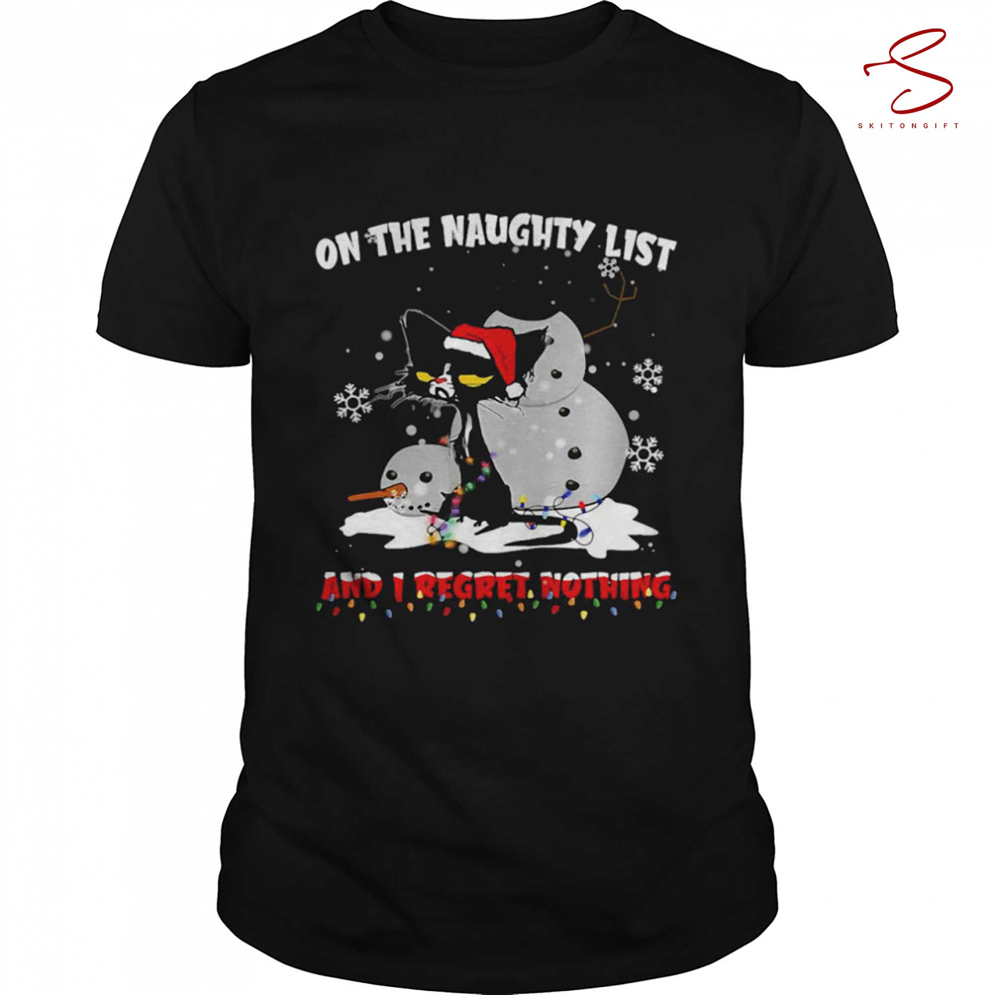 Skitongift Cat And Snowman Santa On Naughty List Christmas T Shirt