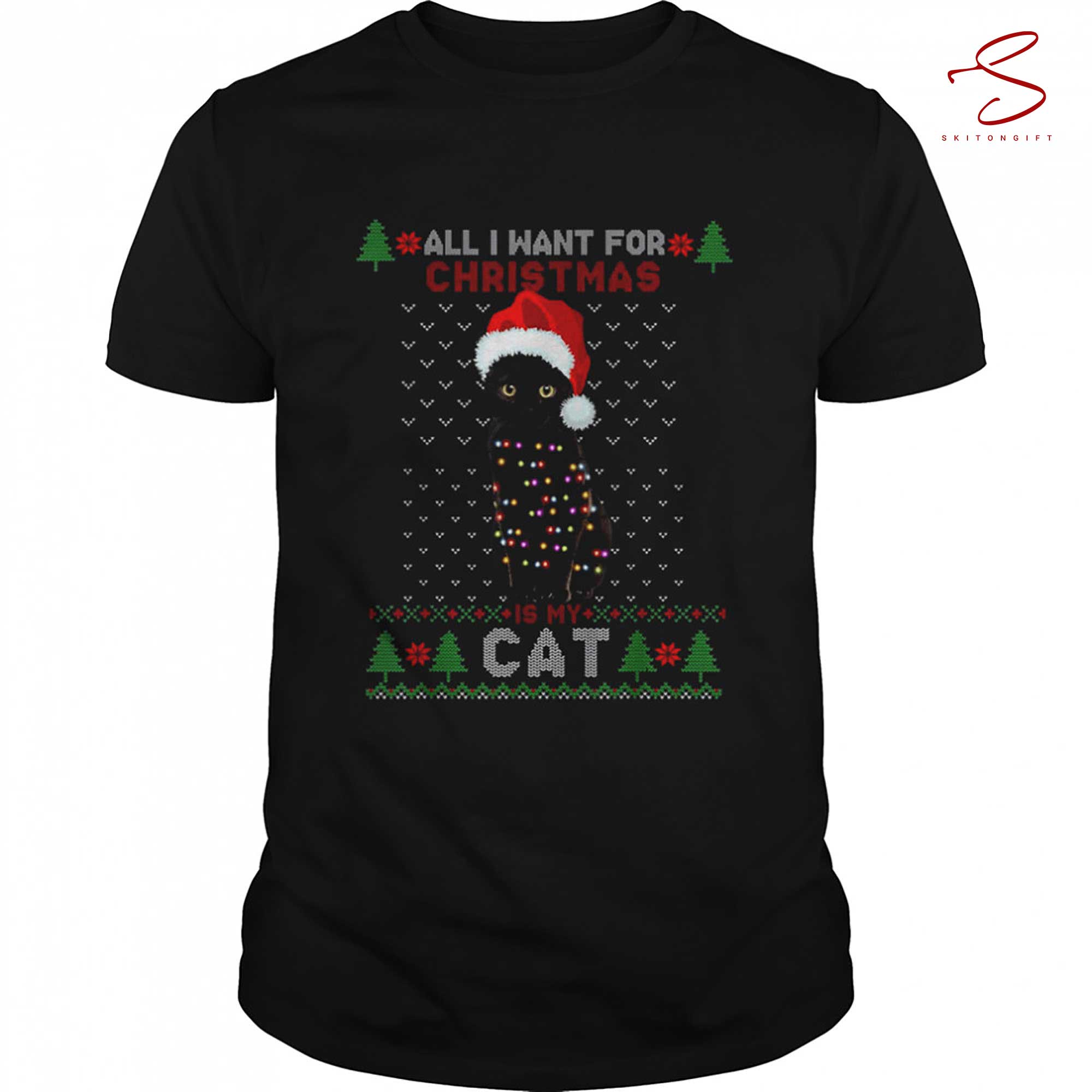 Skitongift Cat Cute Cat Santa Hat Ugly Christmas T Shirt