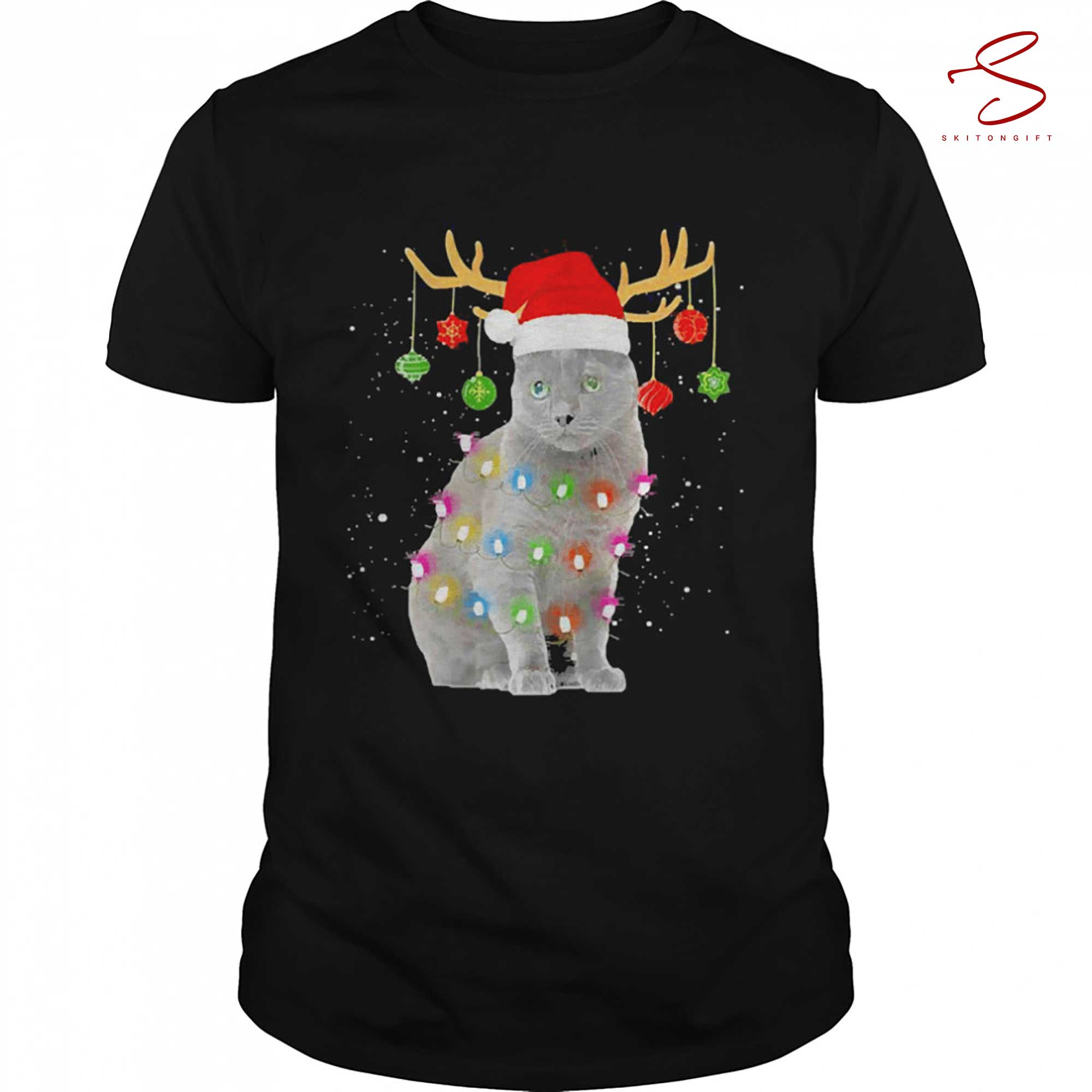 Skitongift Cat Santa Christmas Light Xmas T Shirt