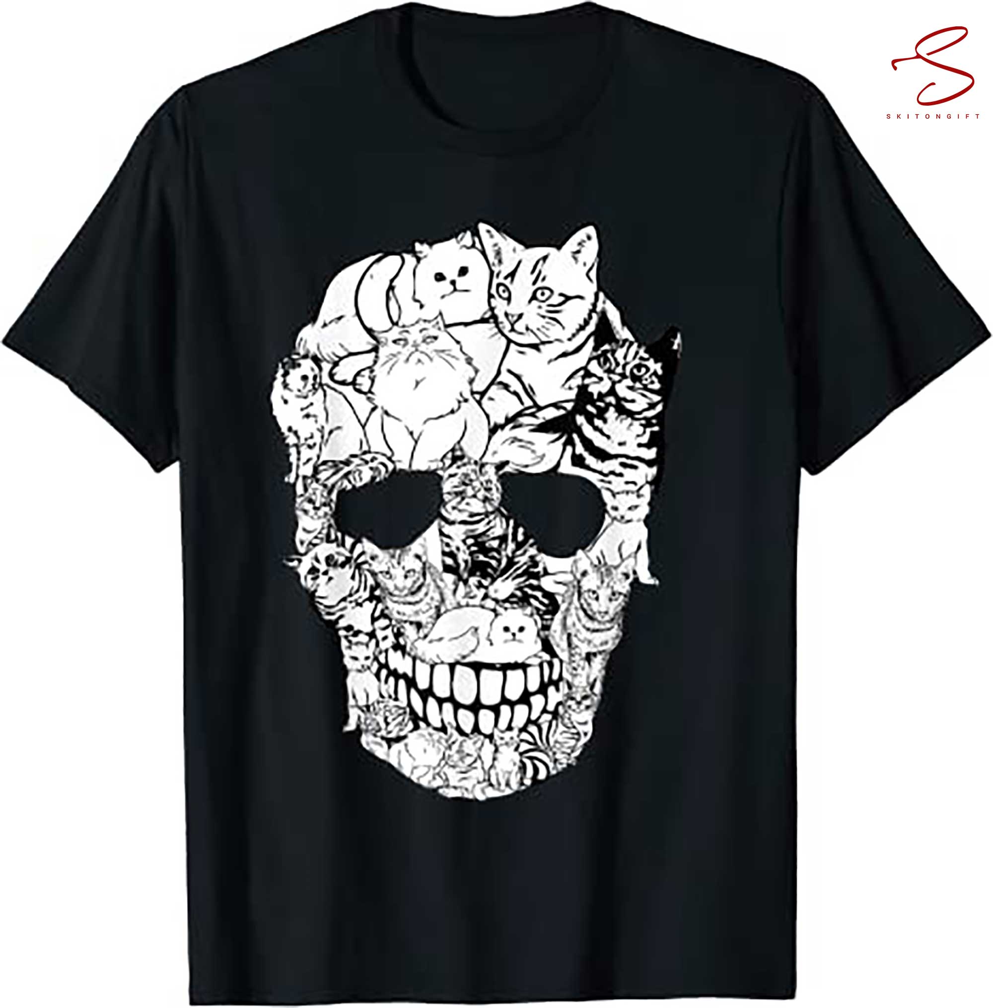 Skitongift Cat Skull Shirt Kitty Skeleton Halloween Costume Skull Cat T Shirt