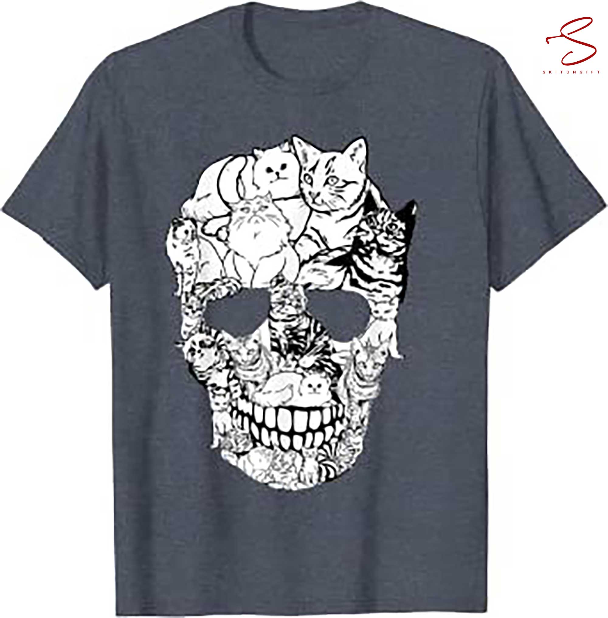 Skitongift Cat Skull Shirt Kitty Skeleton Halloween Costume Skull Cat T Shirt, gifts for Dad Mom,Gifts for Him, Her, Gifts for Dad Mom