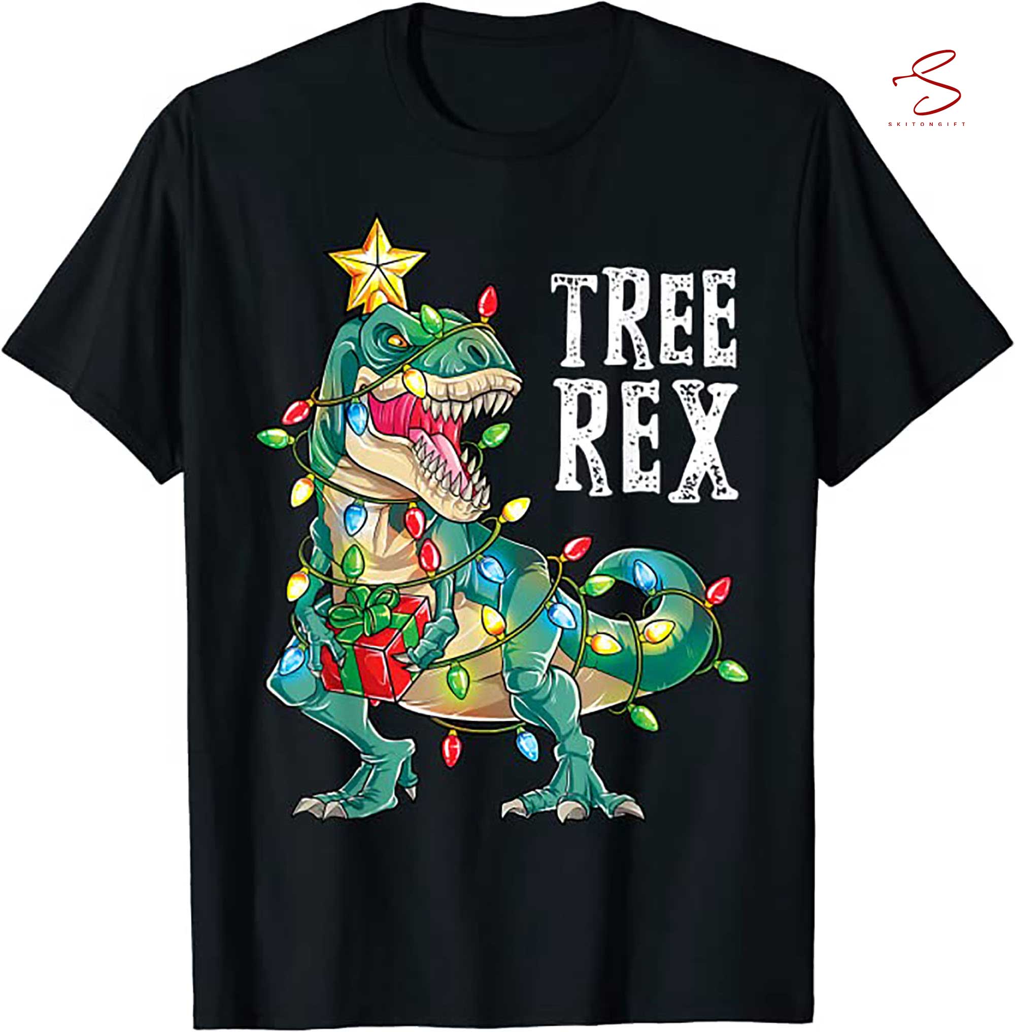 Skitongift Christmas Dinosaur Tree Rex Pajamas Men Boys Xmas Lights T Shirt