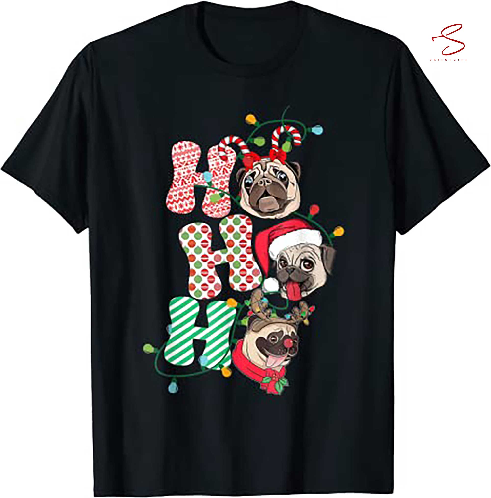 Skitongift Christmas Ho Ho Ho Pug Dog Gifts For Dog Lover Funny Xmas T Shirt