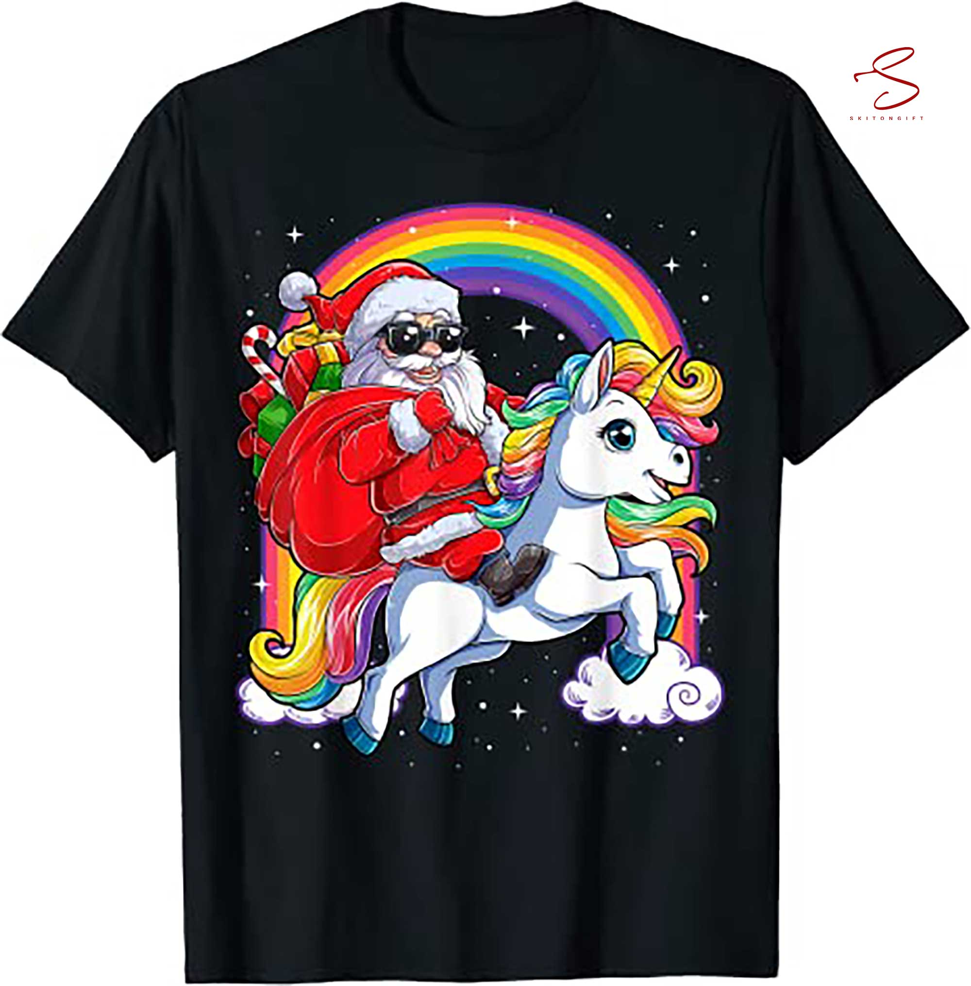 Skitongift Christmas Santa Riding Unicorn Xmas Girls Women T Shirt