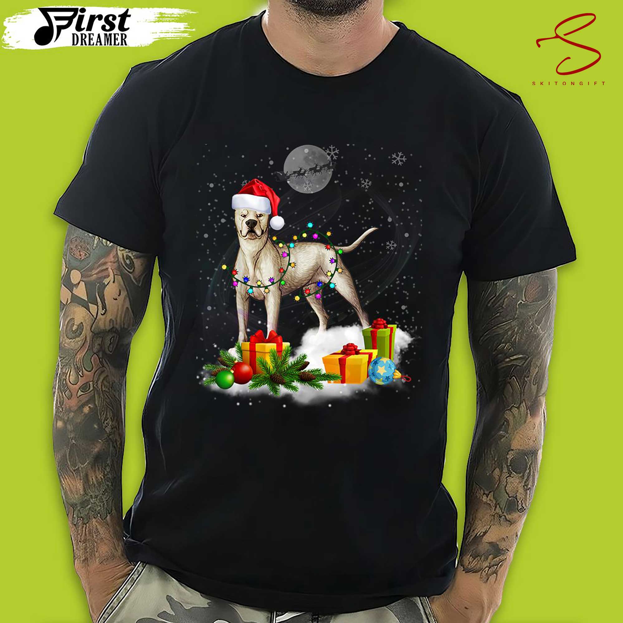 Skitongift Dogo Argentino Dog Christmas Lights Santa Hat Xmas Funny Christmas T Shirt