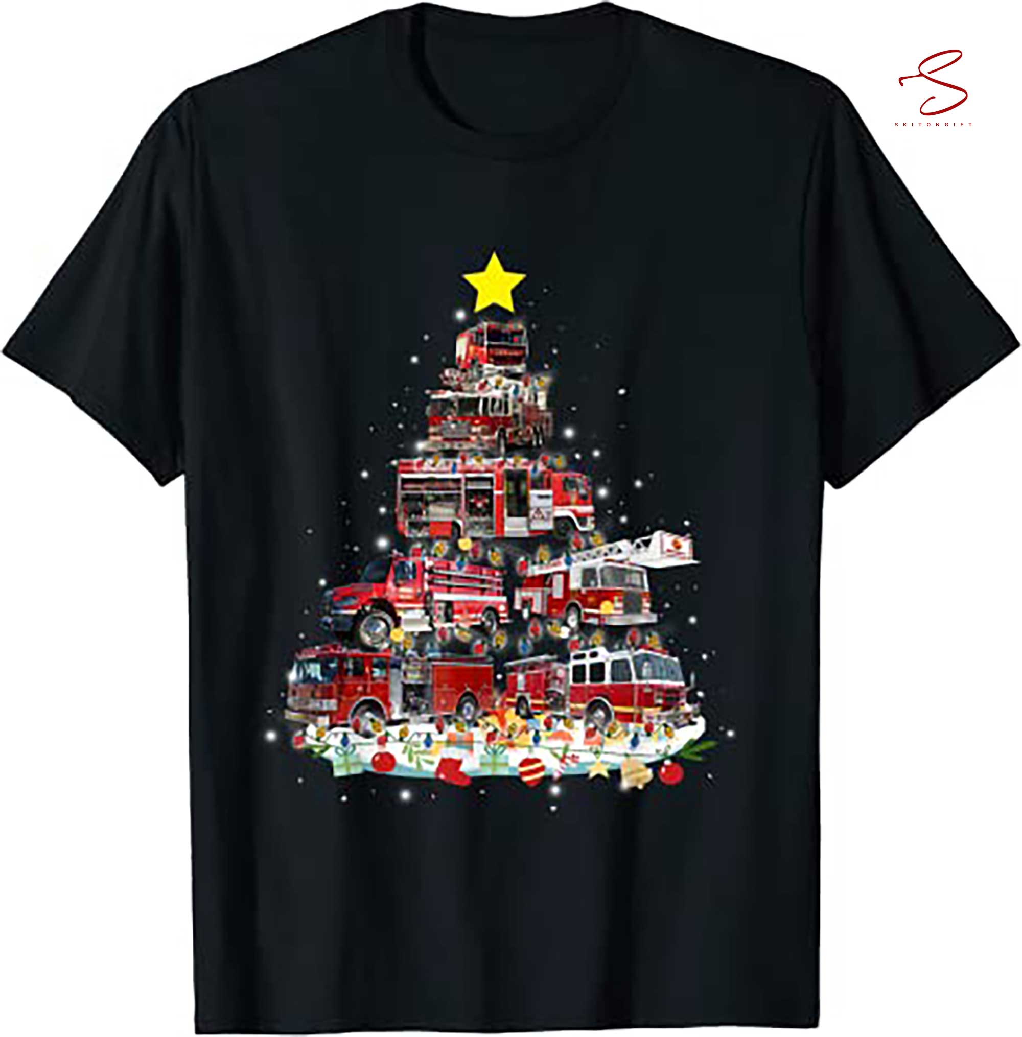 Skitongift Firefighter Truck Christmas Tree Funny Xmas Gifts T Shirt