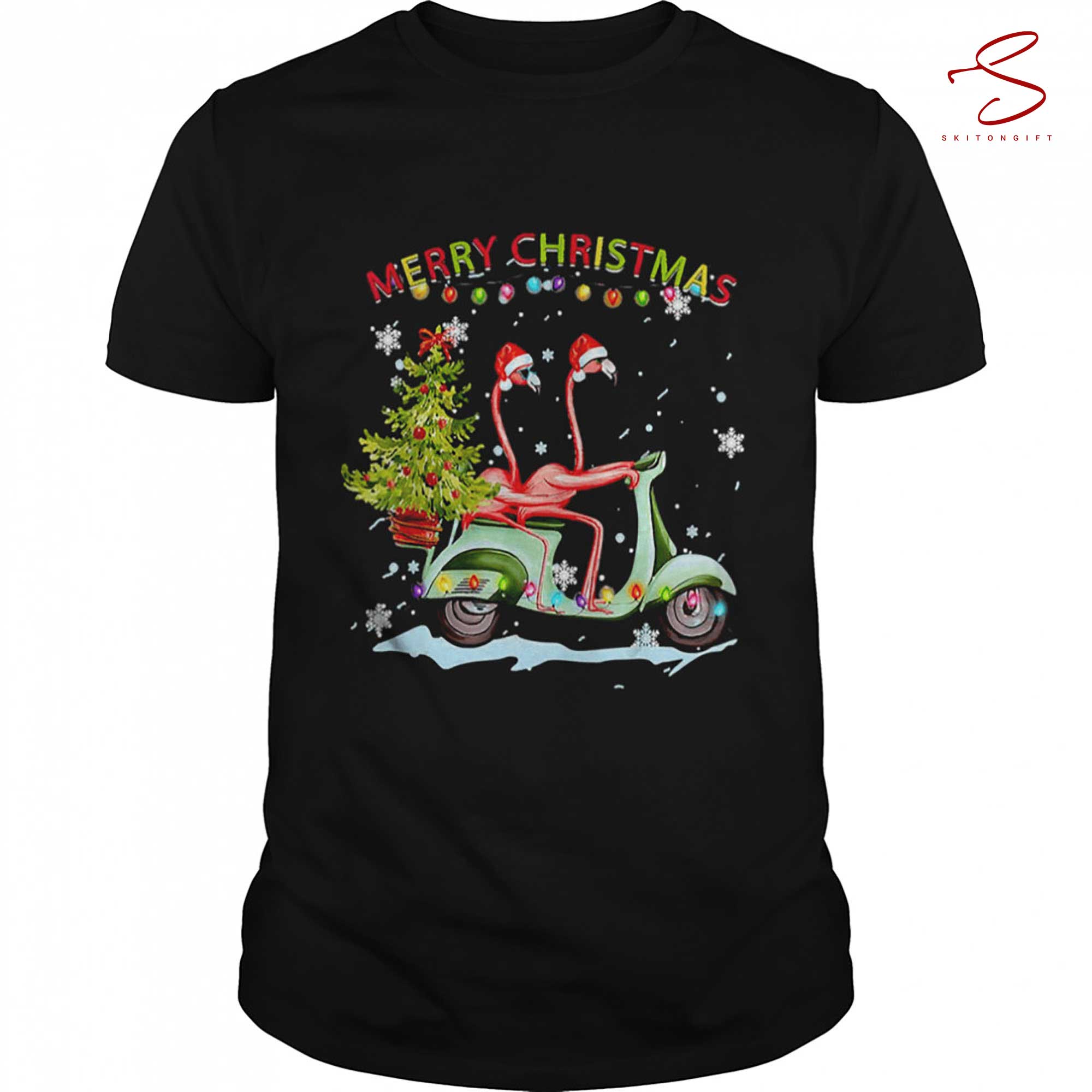 Skitongift Flamingo Santa Hat Xmas Light Motobike Christmas Shirt